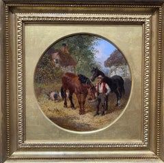 Antique English Horses, Pigs and a farmer in a farmyard landscape, brown blue