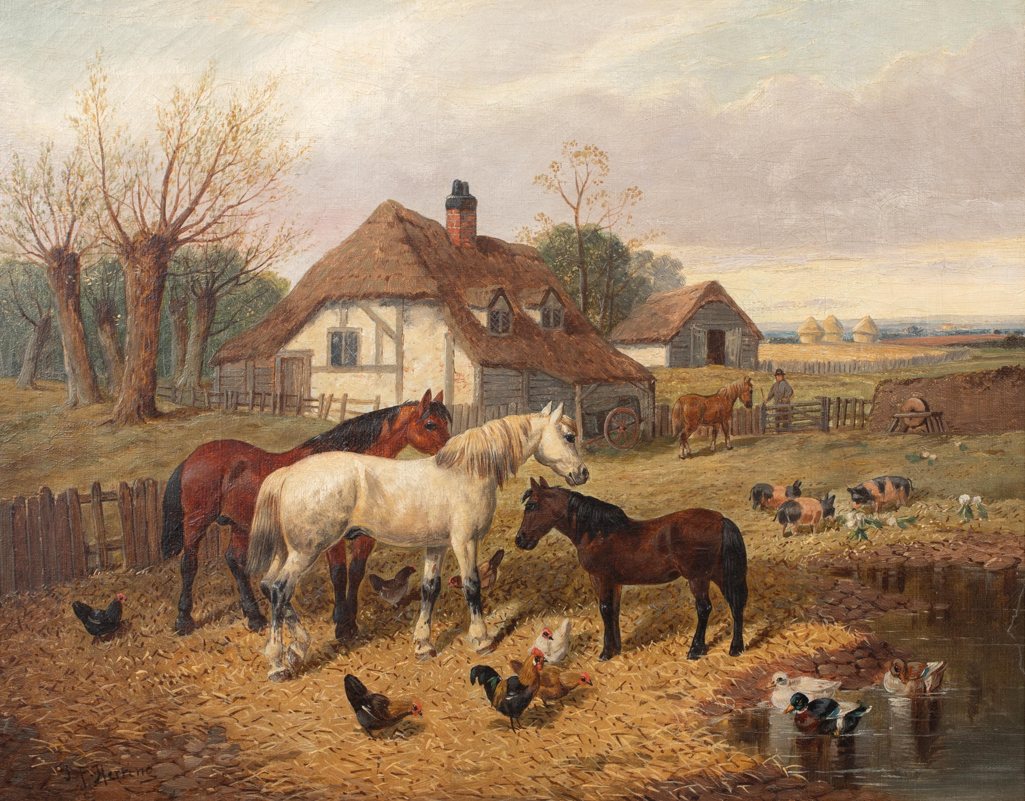 Horses, Chickens & Pigs On The Farm, 17th Century 

by John Frederick II HERRING (1815-1907) sales to $250,000

Large 19th Century English landscape of horses, chickens and pigs on the farm yard, oil on canvas by John Frederick Herring. Excellent