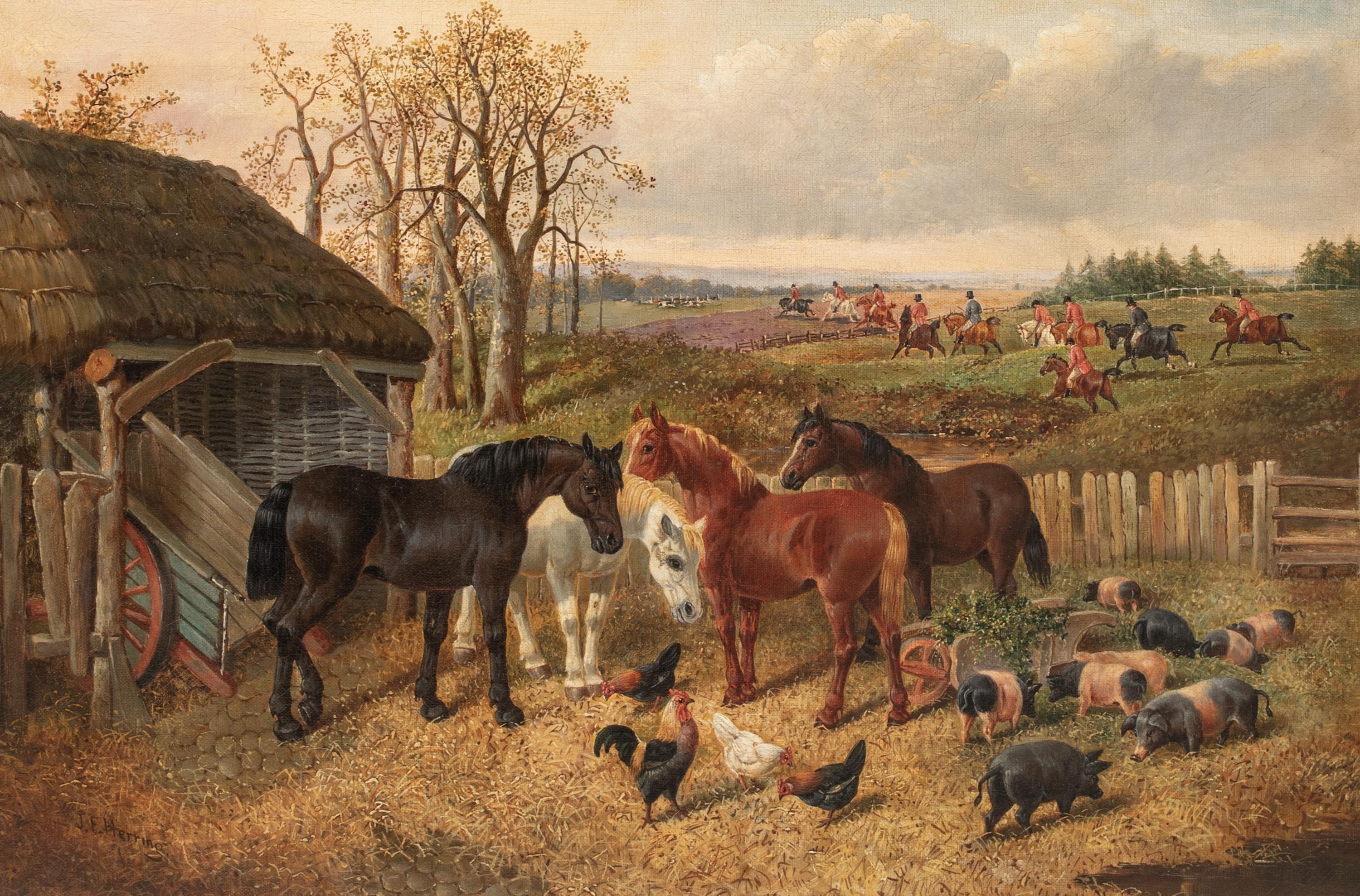 Chevaux, poulets et porcs à la ferme, 17e siècle 

par John Frederick II HERRING (1815-1907) ventes à 250 000 $.

Grand paysage anglais du XIXe siècle représentant des chevaux, des poulets et des cochons dans la cour de la ferme alors qu'une chasse