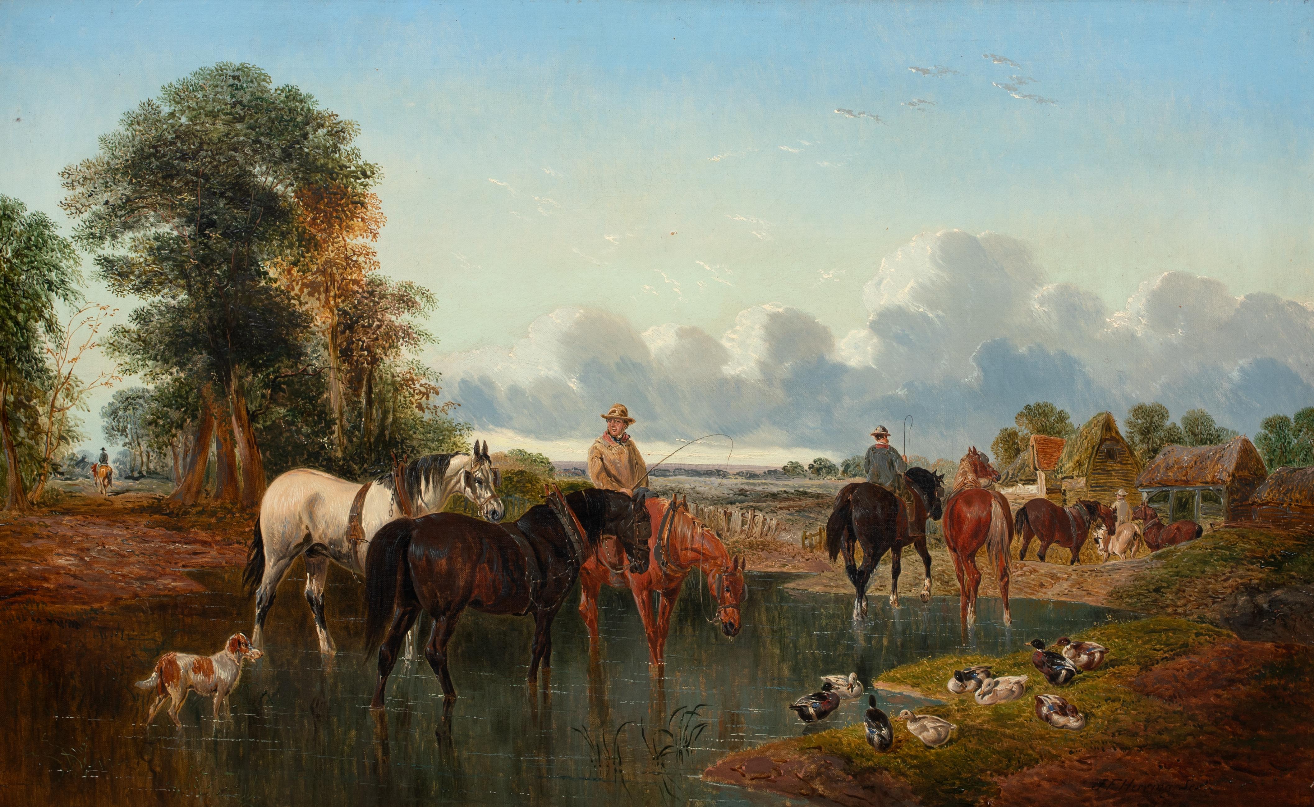 Horses Watering On The Farmstead, 17th Century   by John Frederick II HERRING  - Brown Animal Painting by John Frederick Herring Jr.