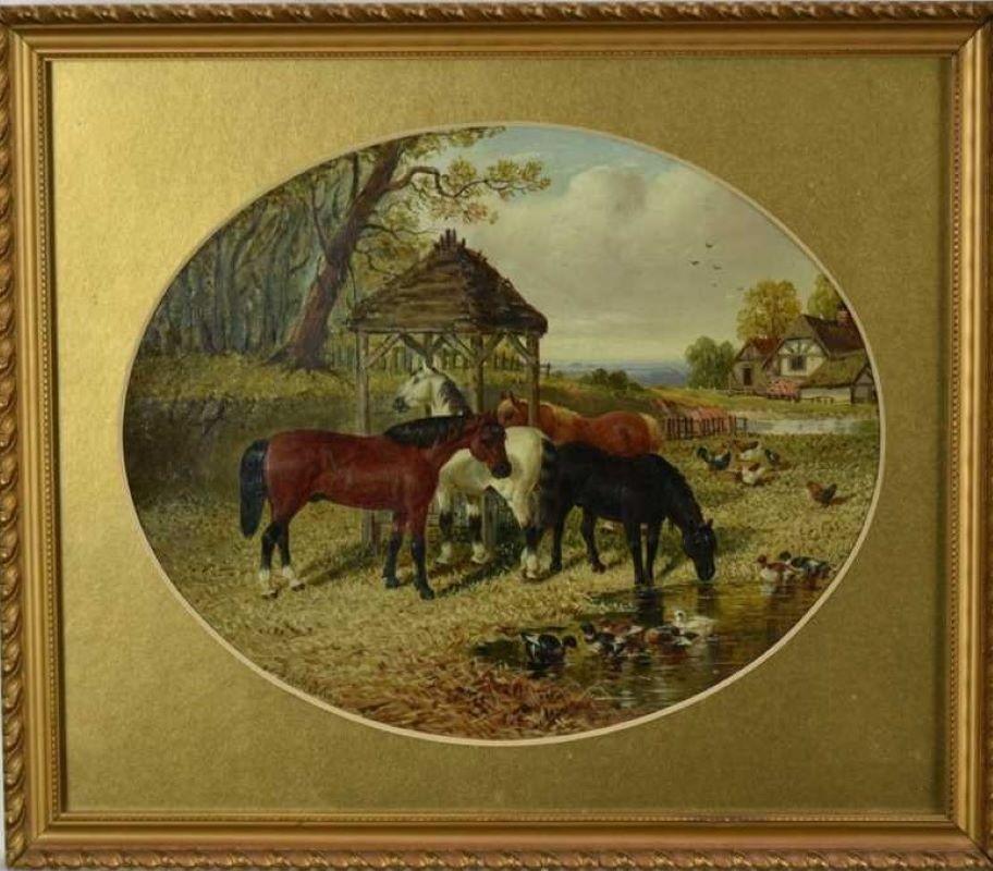 John Frederick Herring jr, oil, Farmyard scene with horses, chickens  - Painting by John Frederick Herring Jr.