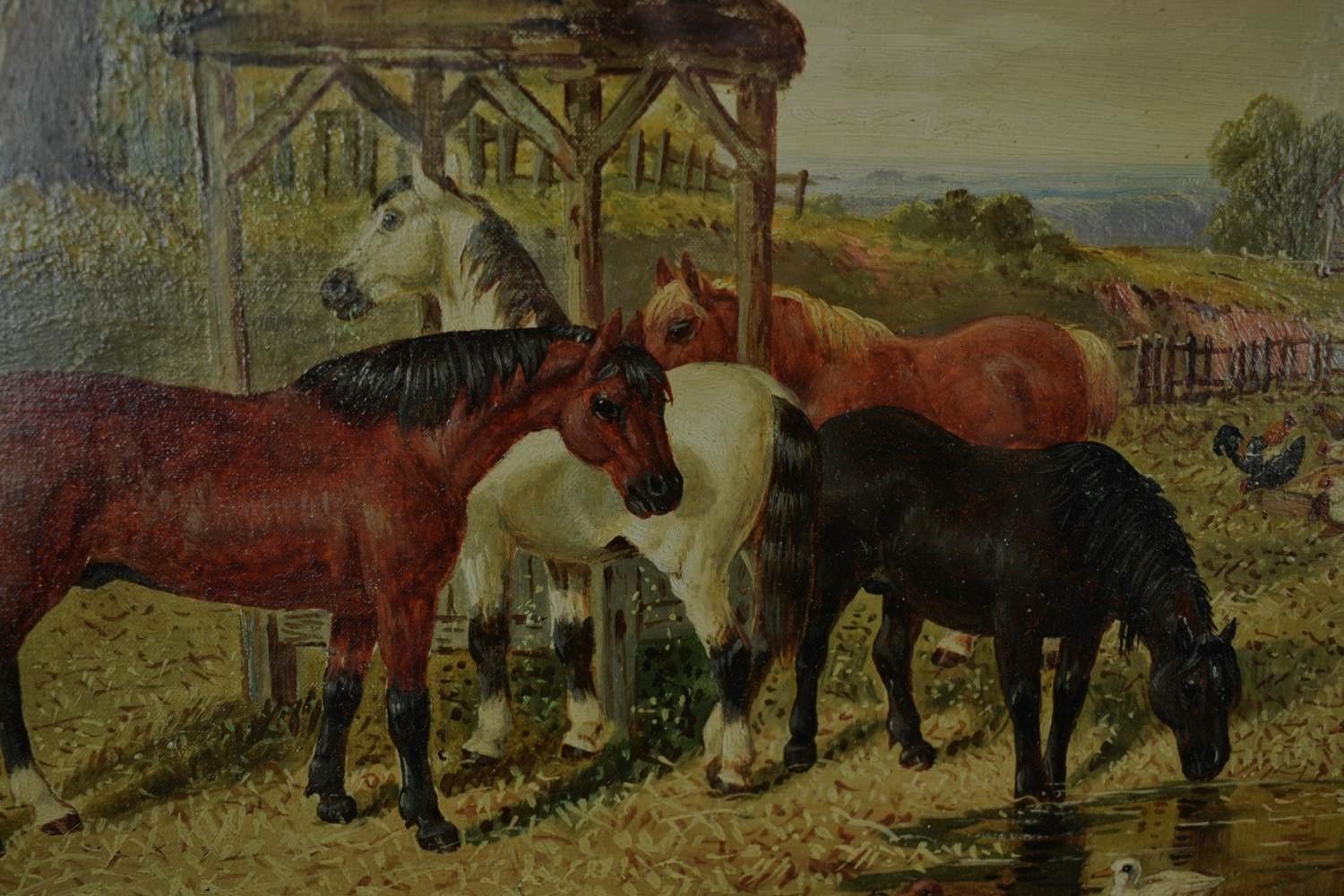 John Frederick Herring jr, oil, Farmyard scene with horses, chickens  - Brown Animal Painting by John Frederick Herring Jr.