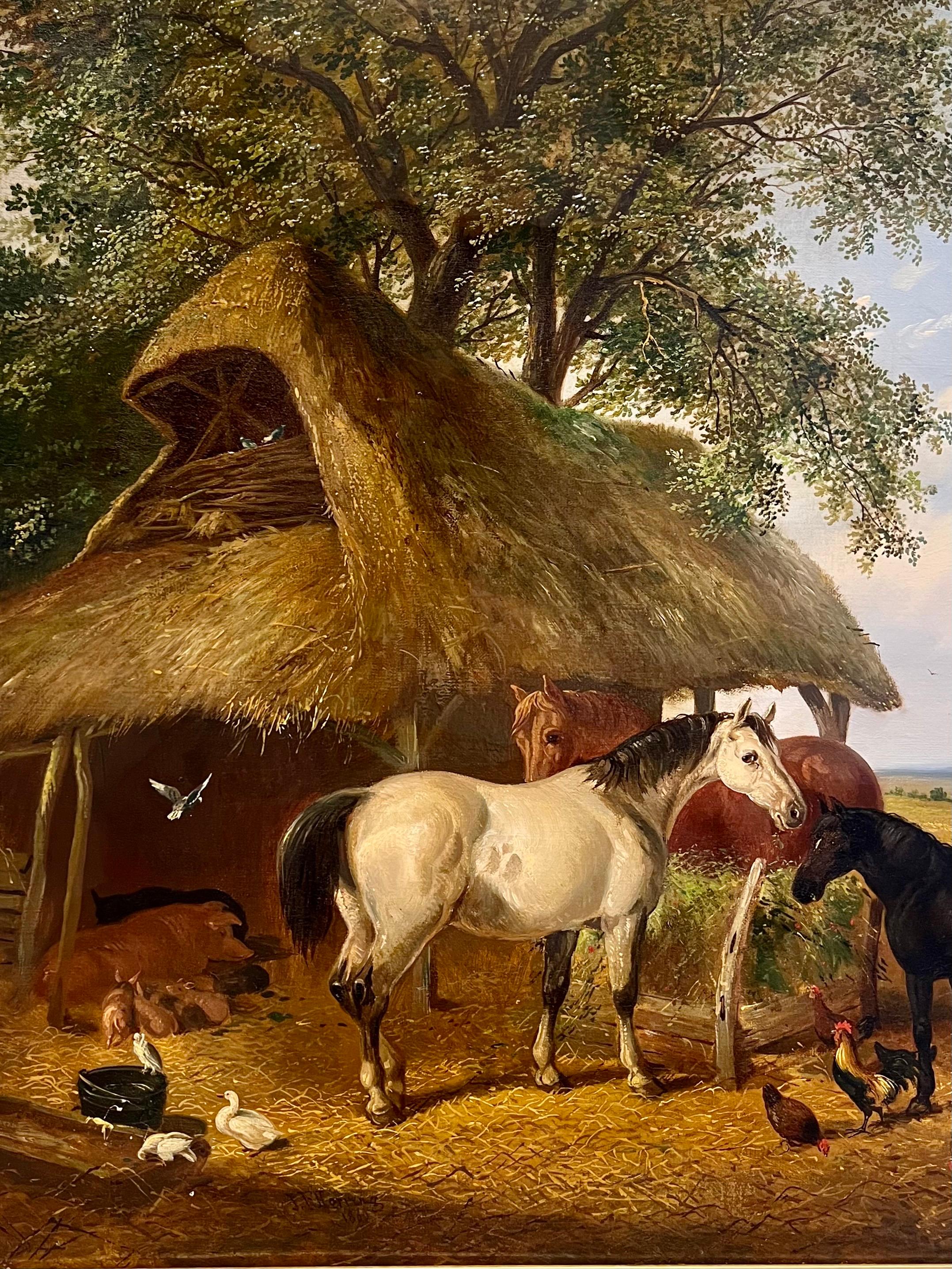 Large 19th century painting - Horses and farm animals in the countryside 1860 - Old Masters Painting by John Frederick Herring Jr.