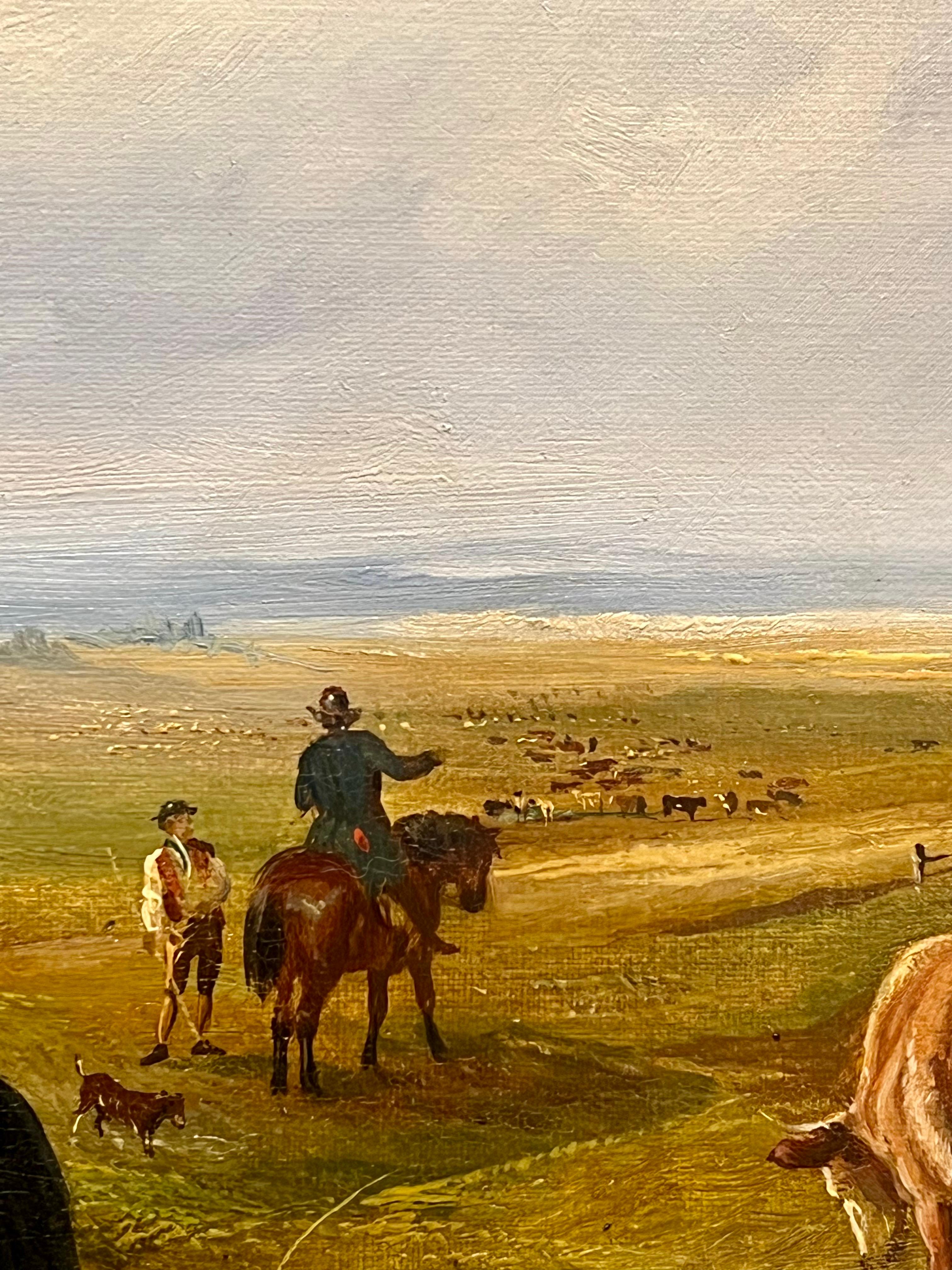 Grand tableau du 19e siècle - Chevaux et animaux de ferme dans la campagne 1860 1