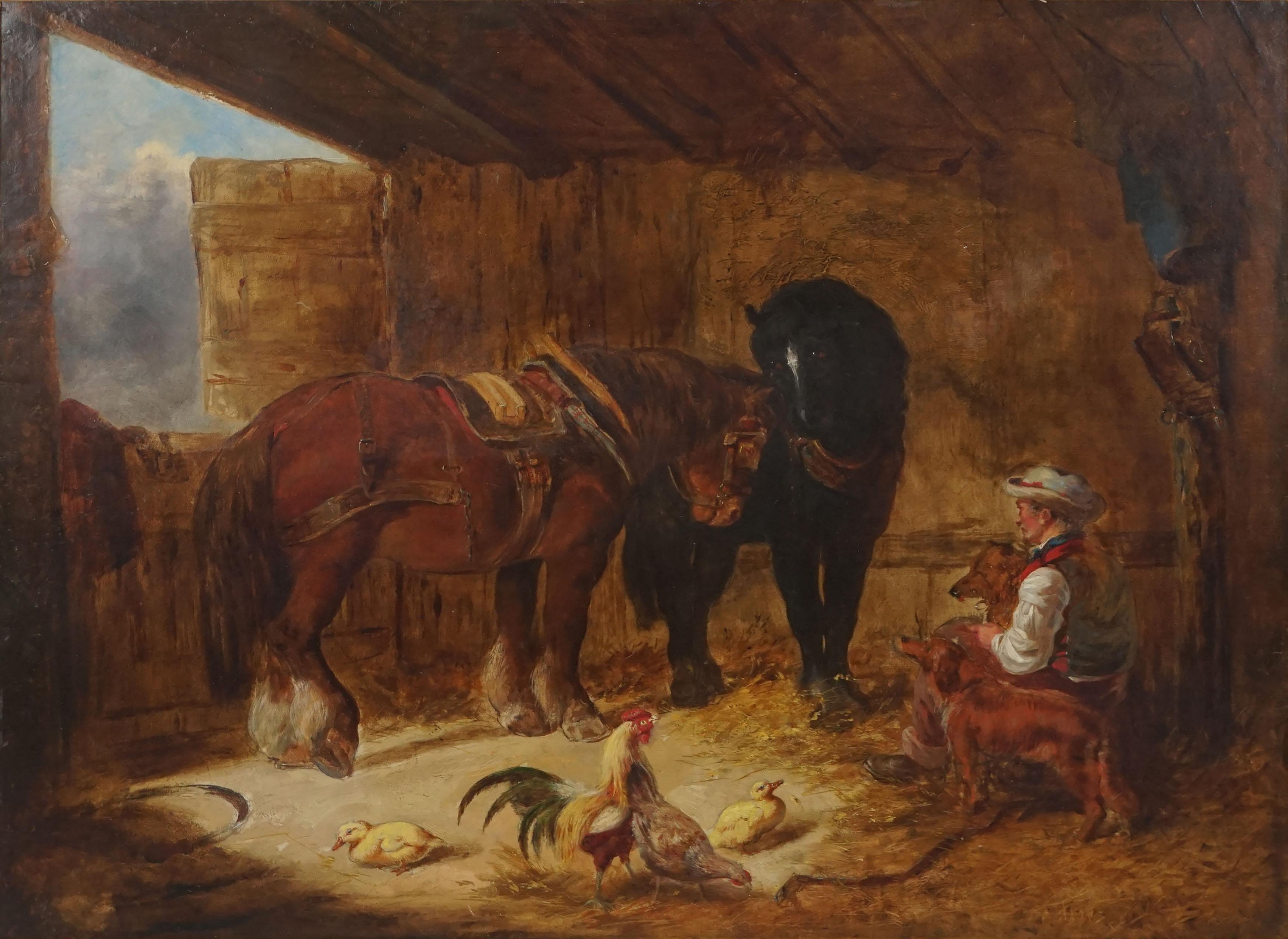 Intérieur d'une écurie avec chevaux, chiens et main d'écurie du milieu du 19ème siècle - Painting de Unknown