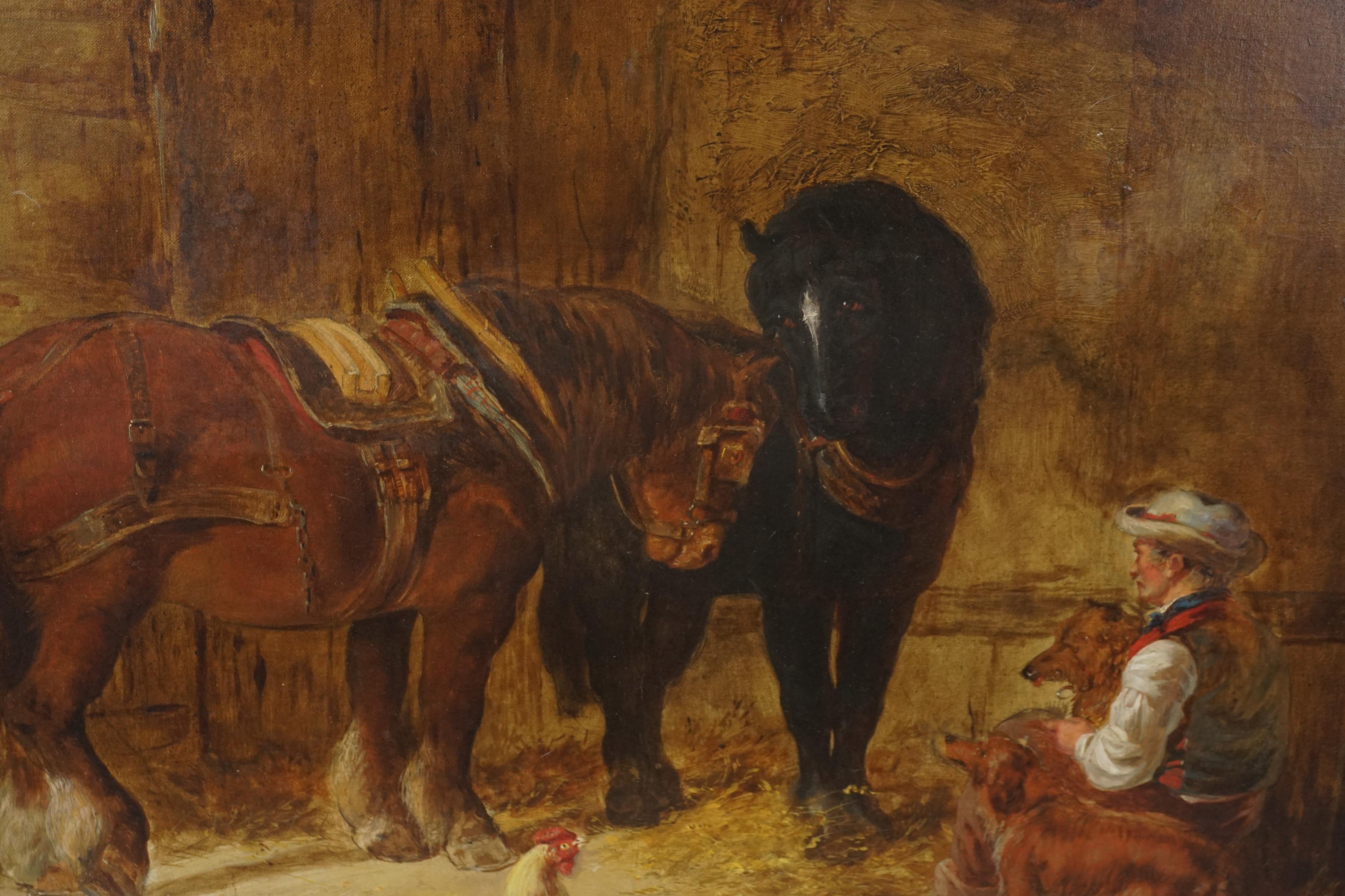 Intérieur d'une écurie avec chevaux, chiens et main d'écurie du milieu du 19ème siècle - Impressionnisme Painting par Unknown