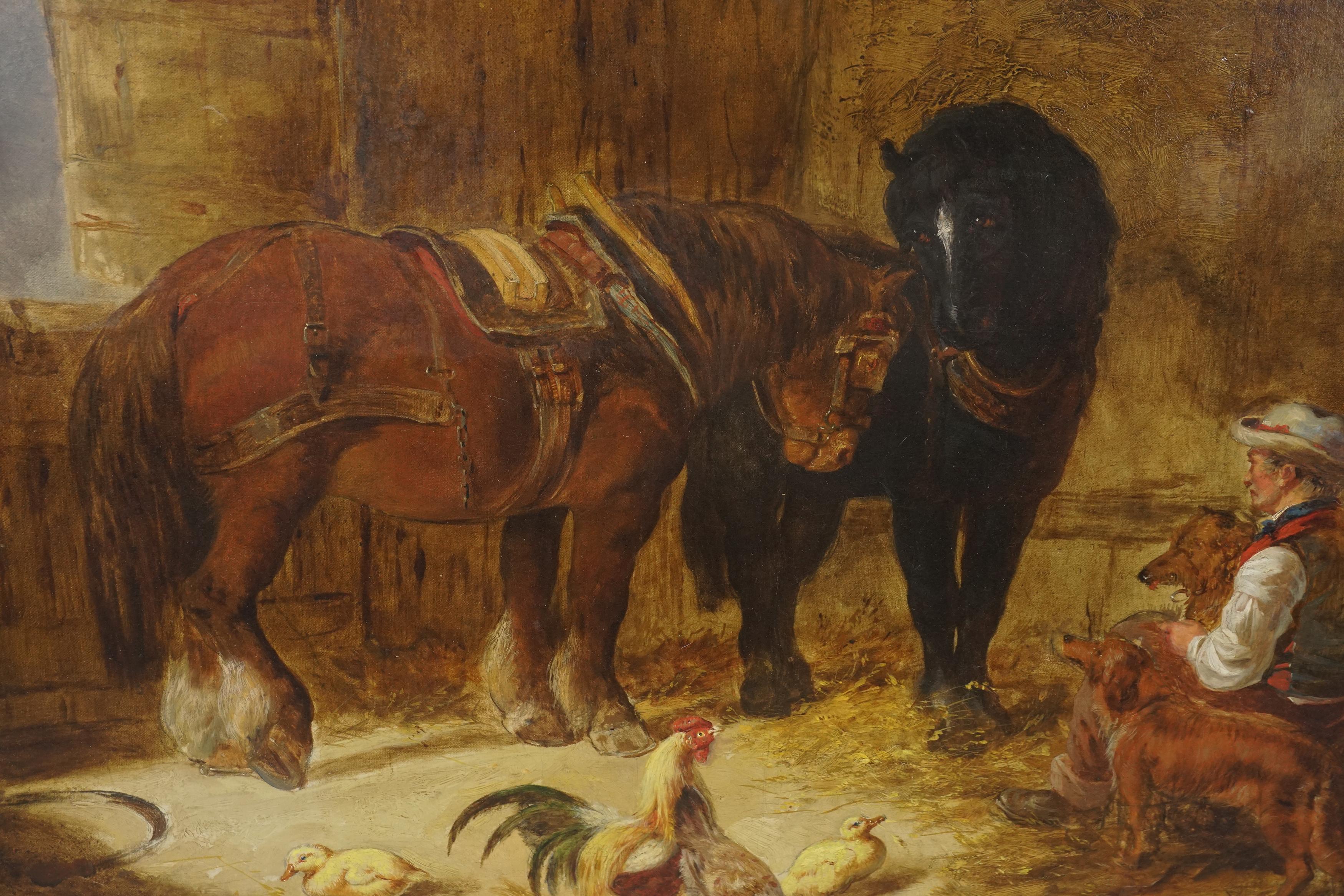 Intérieur d'une écurie avec chevaux, chiens et main d'écurie du milieu du 19ème siècle - Marron Figurative Painting par Unknown
