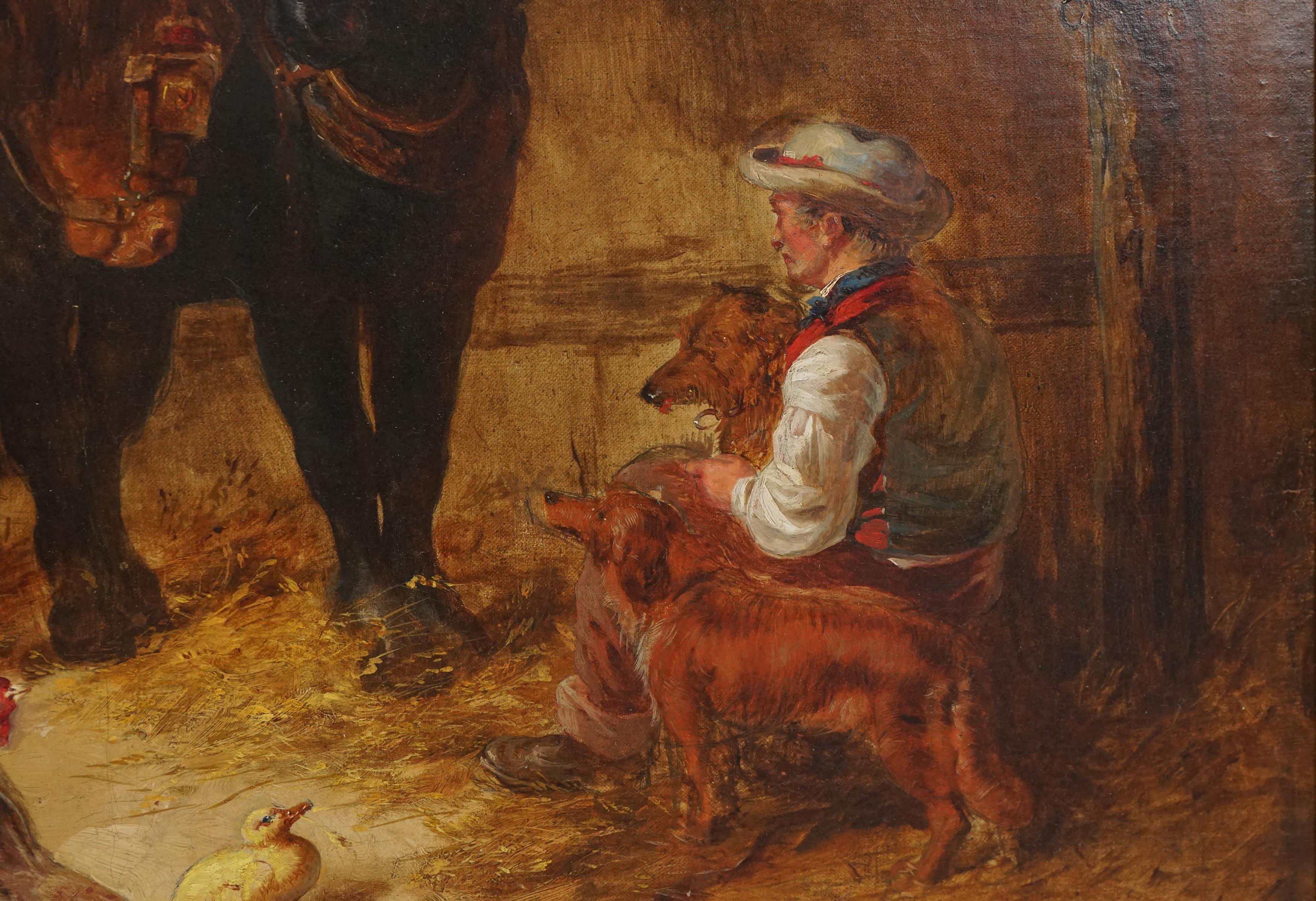 Intérieur d'une écurie avec chevaux, chiens et main d'écurie du milieu du 19ème siècle en vente 1