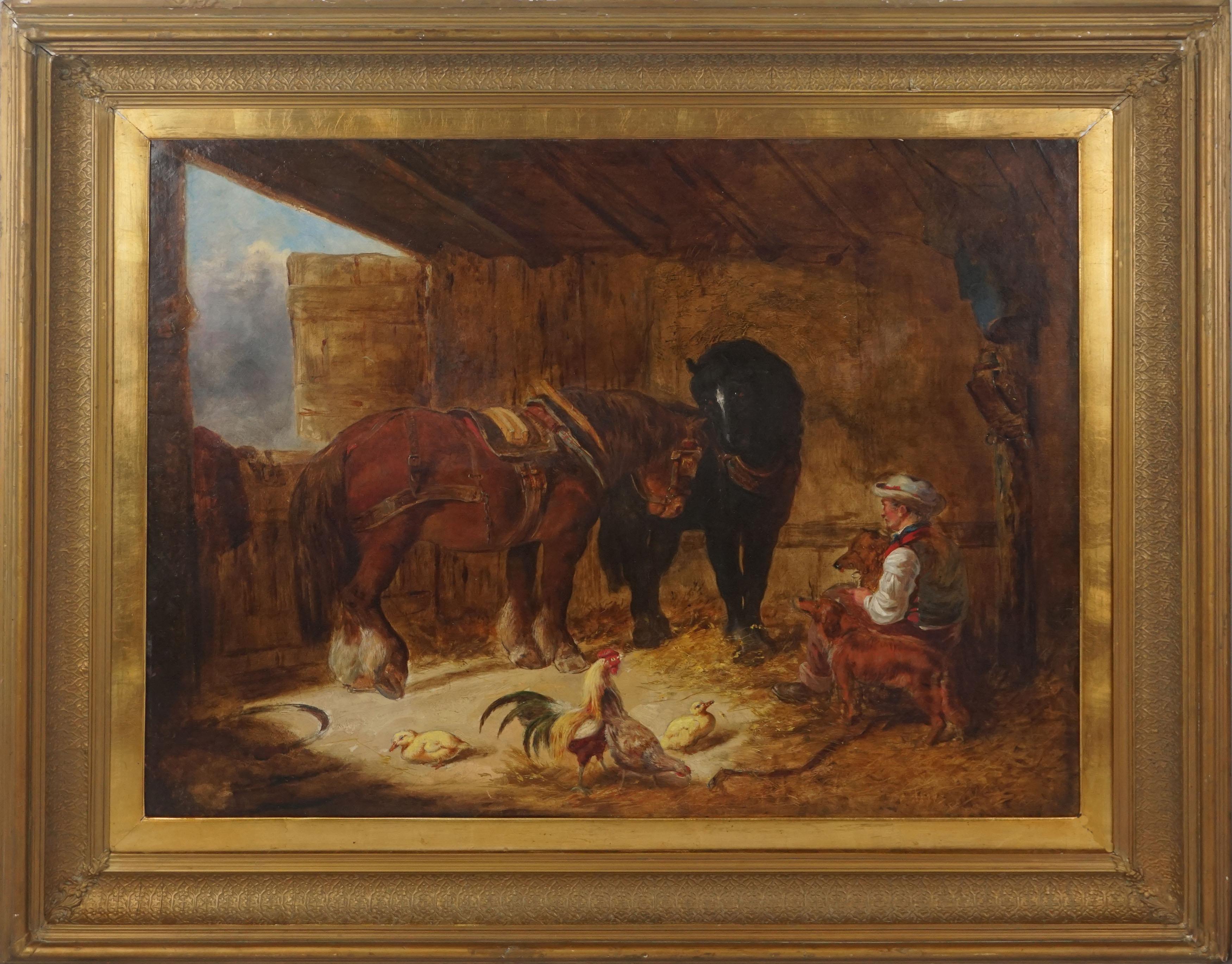 Figurative Painting Unknown - Intérieur d'une écurie avec chevaux, chiens et main d'écurie du milieu du 19ème siècle