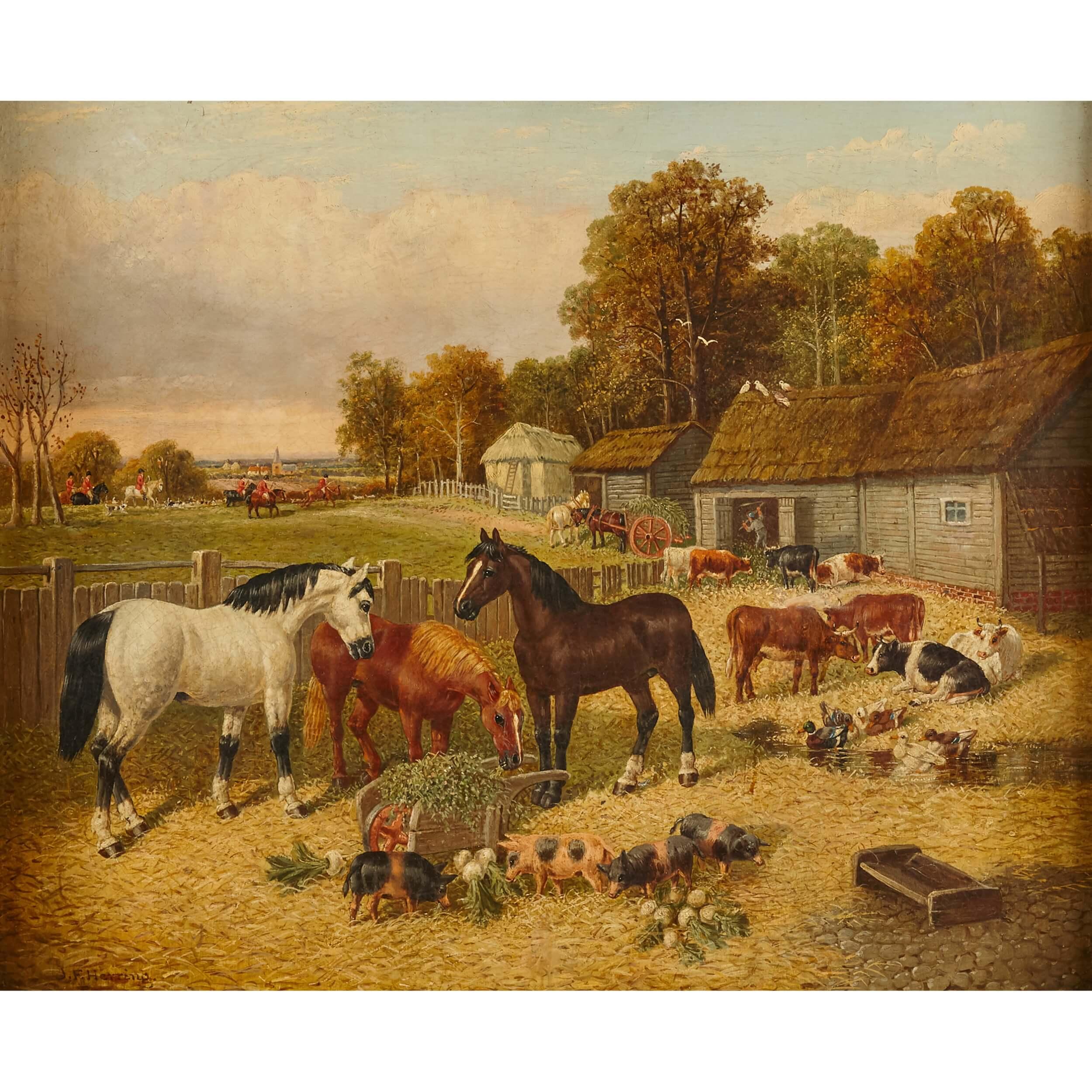 Peinture de chevaux et d'animaux de ferme par Herring the Younger - Painting de John Frederick Herring Jr.