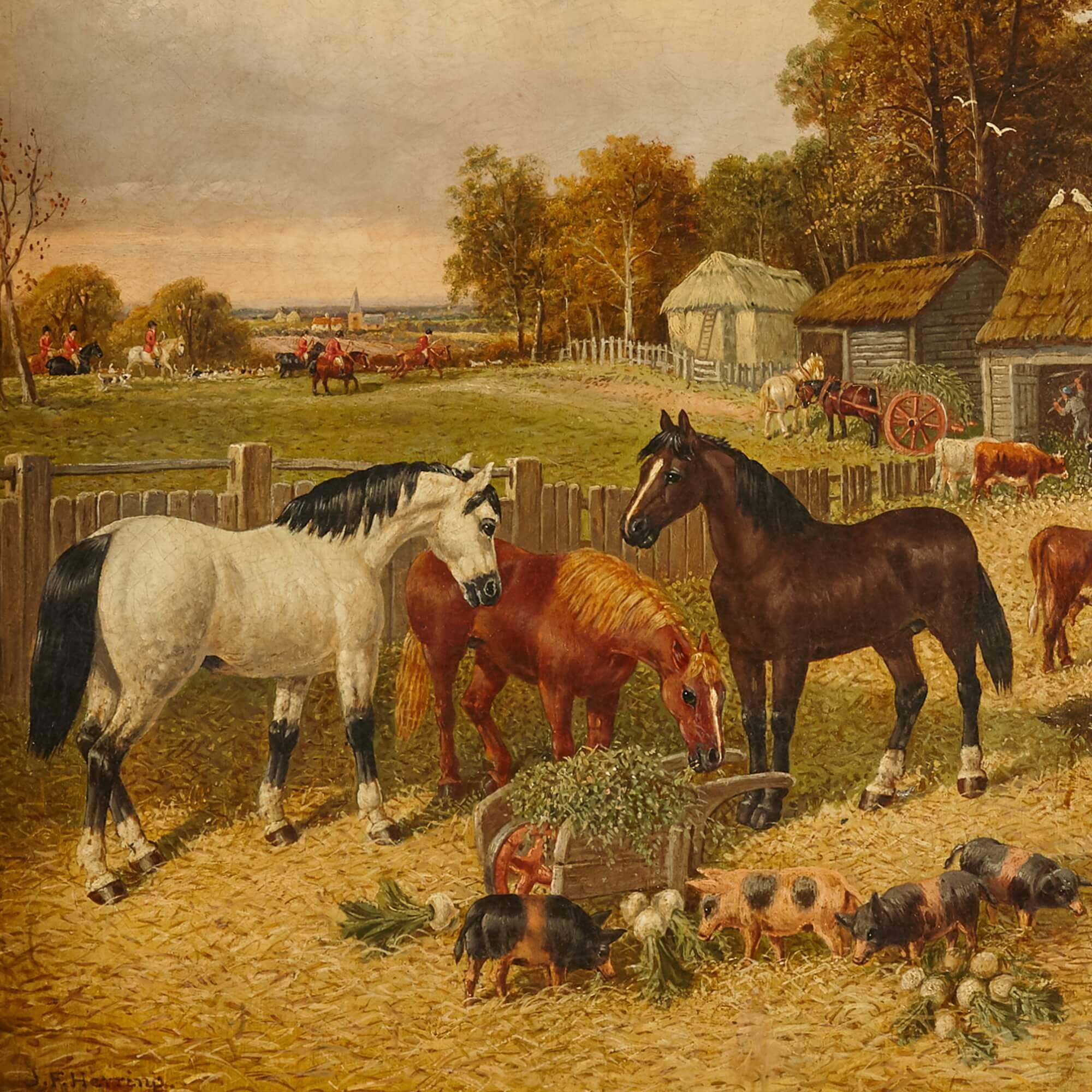 Peinture de chevaux et d'animaux de ferme par Herring the Younger - Marron Landscape Painting par John Frederick Herring Jr.
