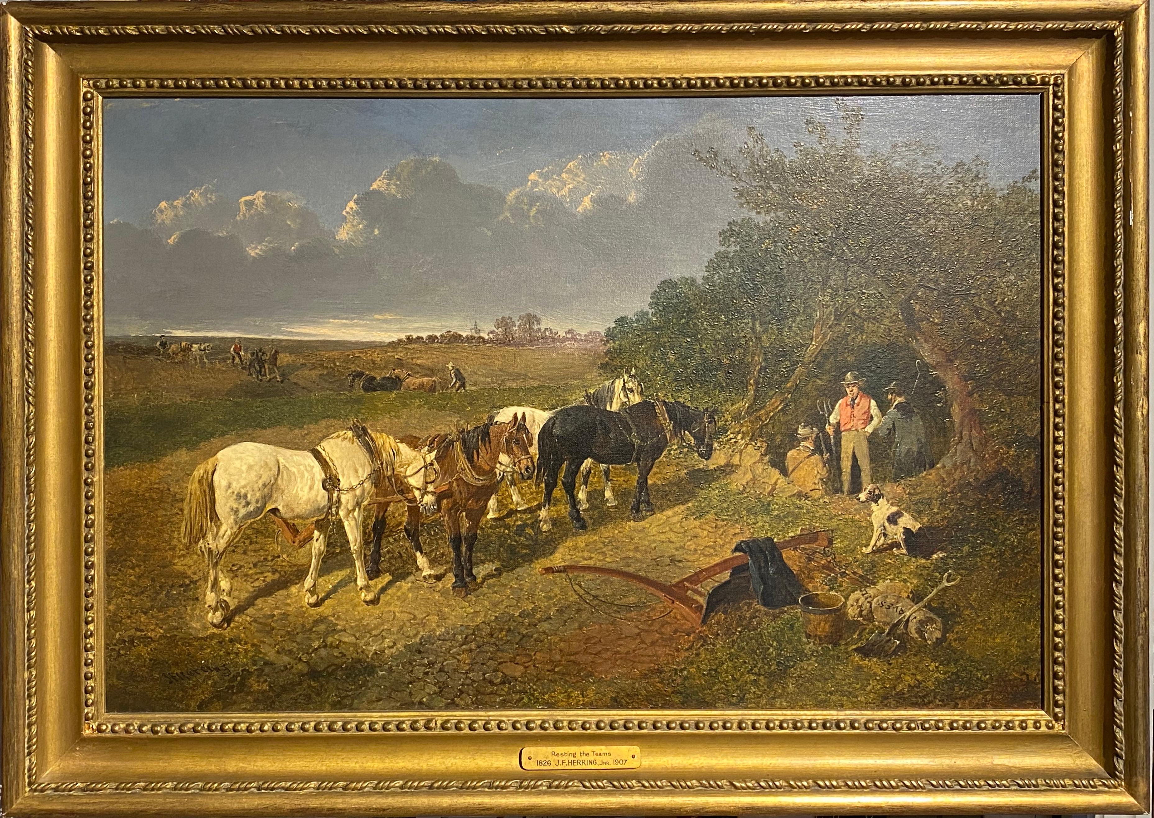 John Frederick Herring Jr. Animal Painting - "Resting the team" - A plough team, with horses in a landscape