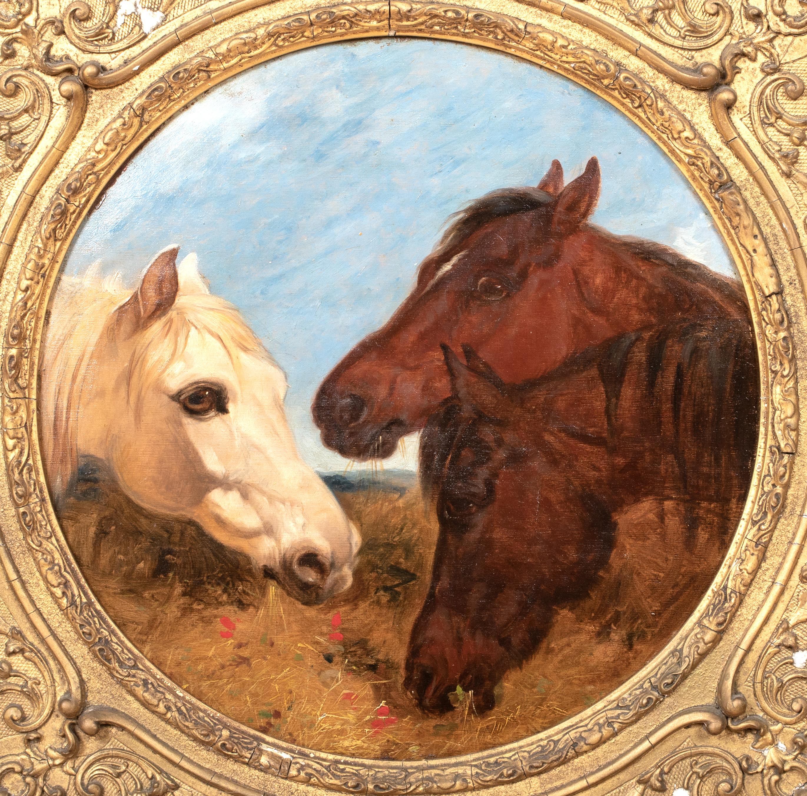 Schizzo di tre cavalli che si nutrono, XIX secolo - Animal Painting Marrone di John Frederick Herring Jr.
