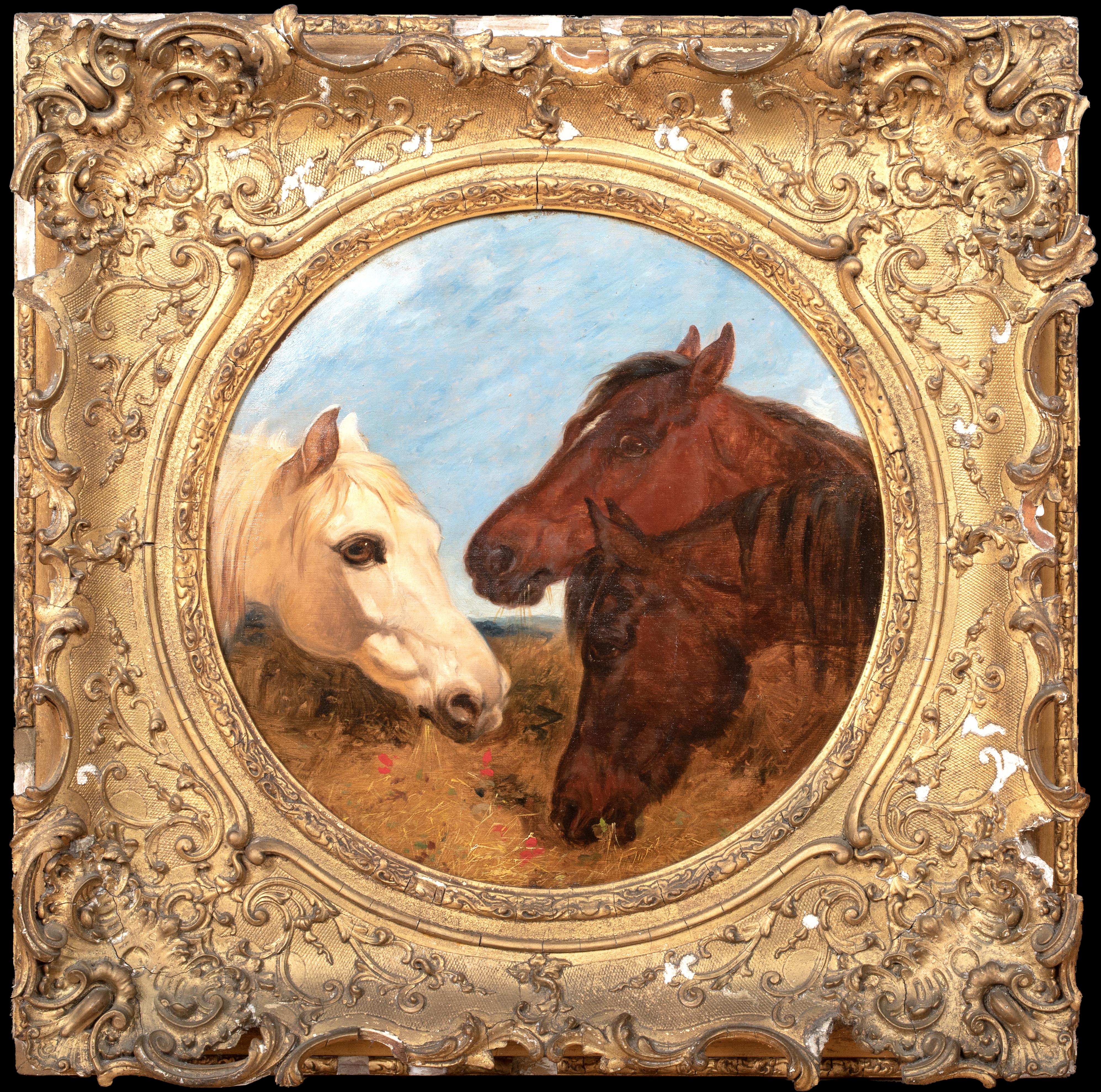 Animal Painting di John Frederick Herring Jr. - Schizzo di tre cavalli che si nutrono, XIX secolo