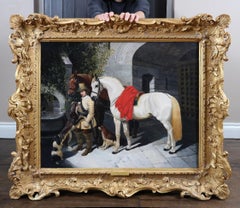 El Cargador del Barón - Pintura al óleo del siglo XIX Nobelman inglés y caballos de batalla