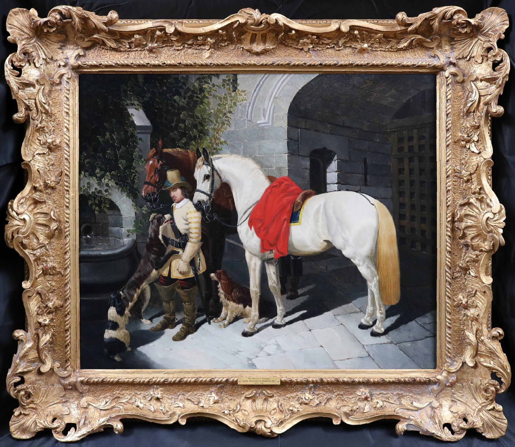 The Baron's Charger - 19th Century Oil Painting English Soldier & Battle Horses - Black Figurative Painting by John Frederick Herring Jr.