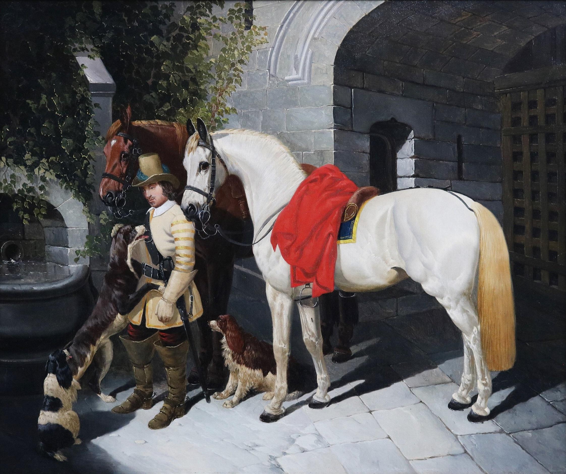 ‘The Baron’s Charger’ by John Frederick Herring Jr. (1815-1907). 

The painting – which depicts a 17th century Caroline nobleman with his battle horses and attendant hounds – is signed by the artist and indistinctly dated. It is presented in a fine