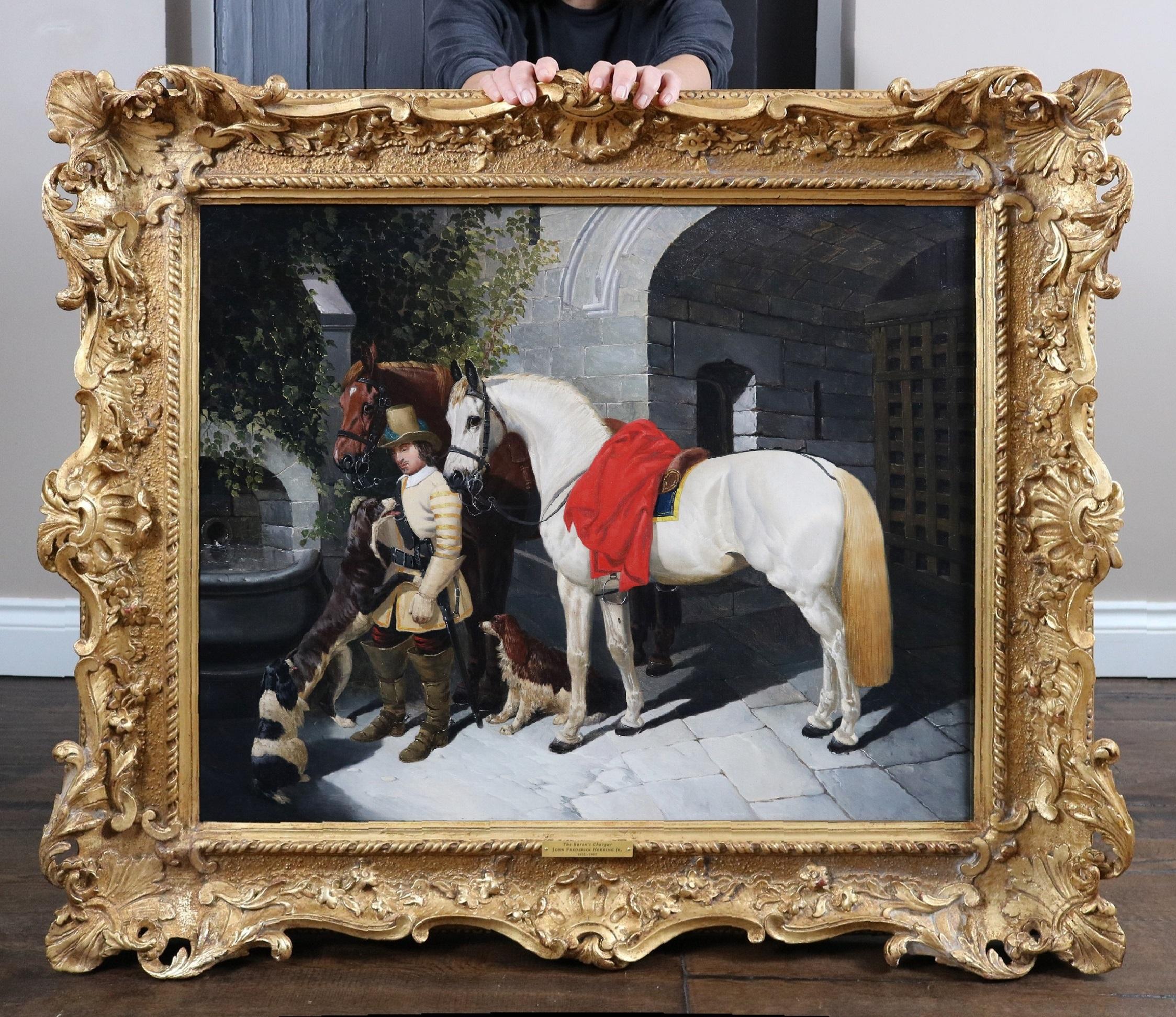 The Baron's Charger - 19th Century Oil Painting of Civil War Soldier & Horses - Black Figurative Painting by John Frederick Herring Jr.