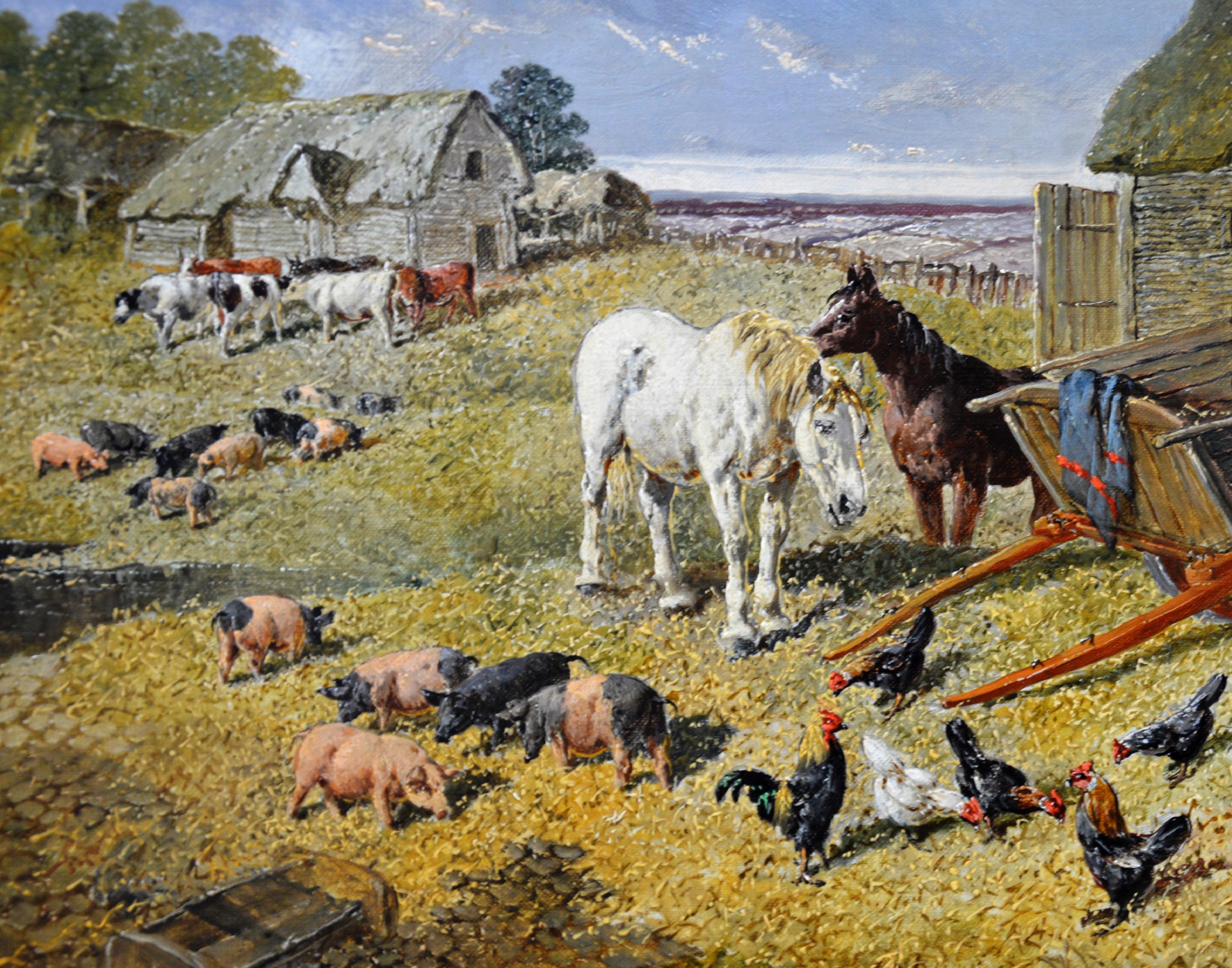 This is a fine 19th century English landscape oil on canvas depicting horses, chickens and pigs on a farm by the eminent Victorian painter John Frederick Herring Jr. (1820-1907). ‘The Farmyard’ is signed by the artist and is sold in a superb quality