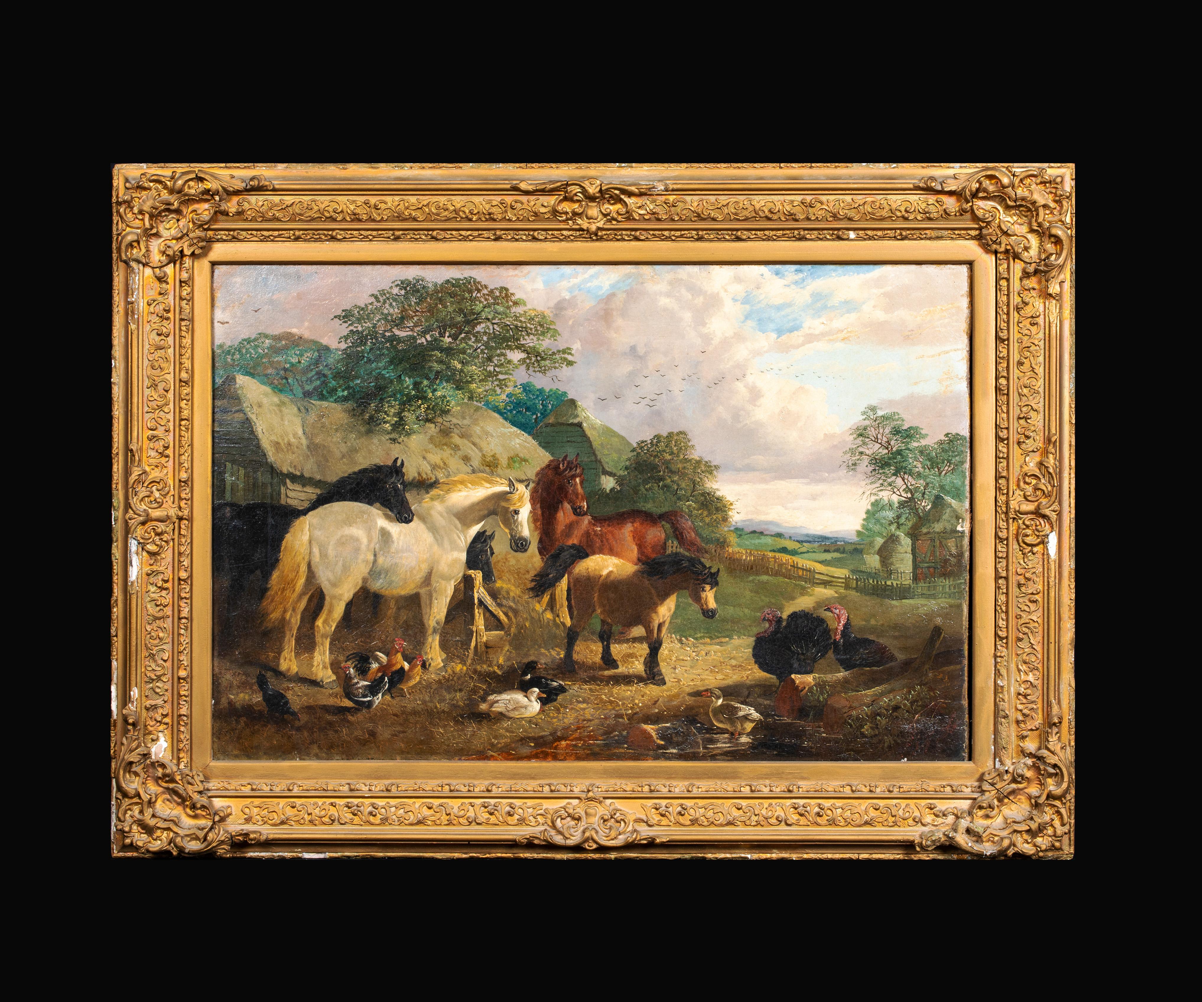 The Farmyard, Horses, Ducks, Turkeys and Chickens, 19th Century   - Painting by John Frederick Herring Jr.