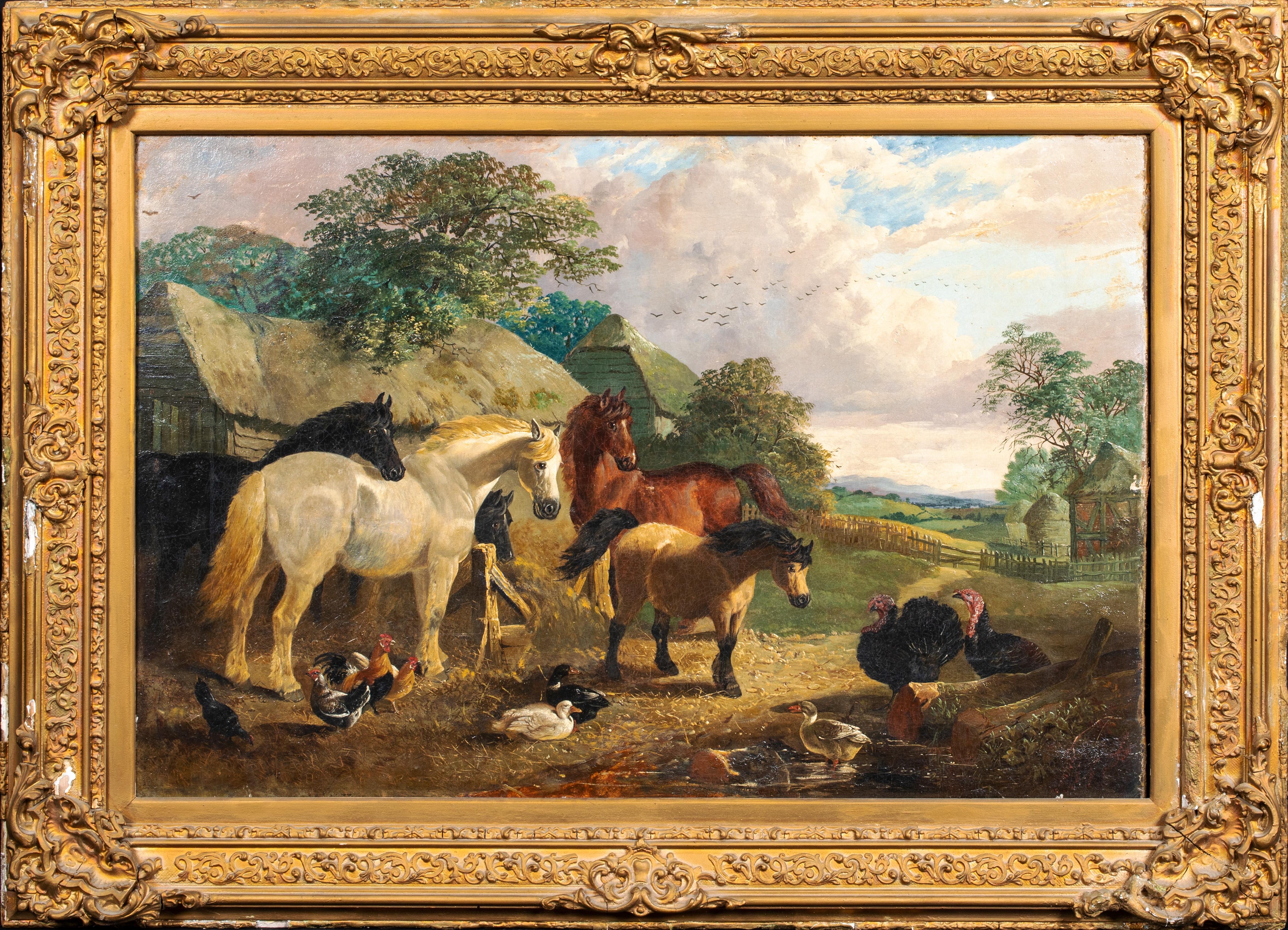 John Frederick Herring Jr. Portrait Painting - The Farmyard, Horses, Ducks, Turkeys and Chickens, 19th Century  