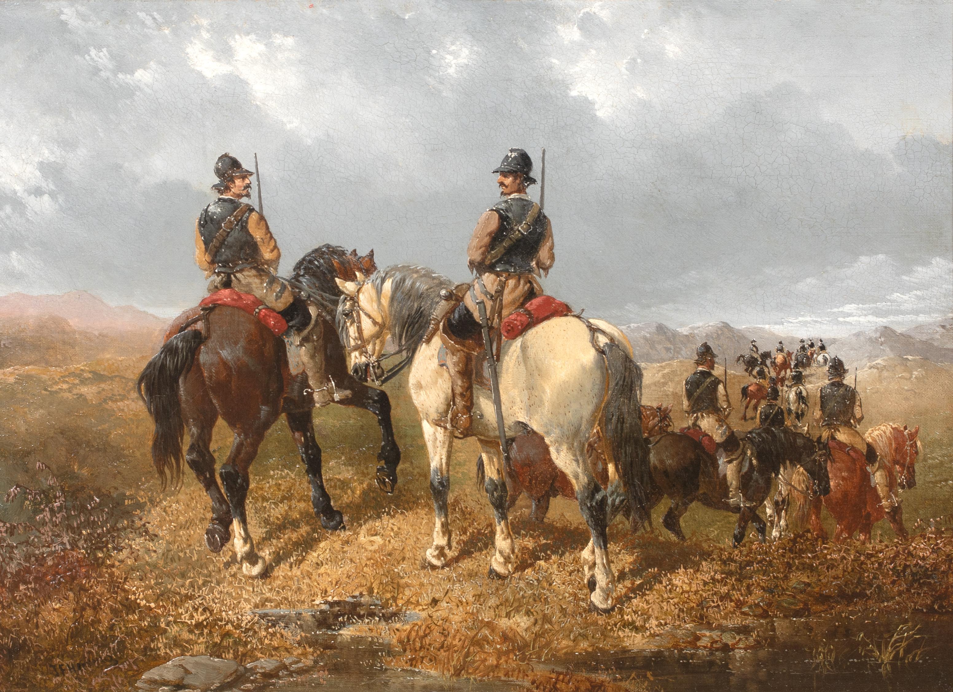The Scouting Party, cabezas redondas de la guerra civil inglesa del siglo XIX - Portrait Painting Marrón de John Frederick Herring Jr.
