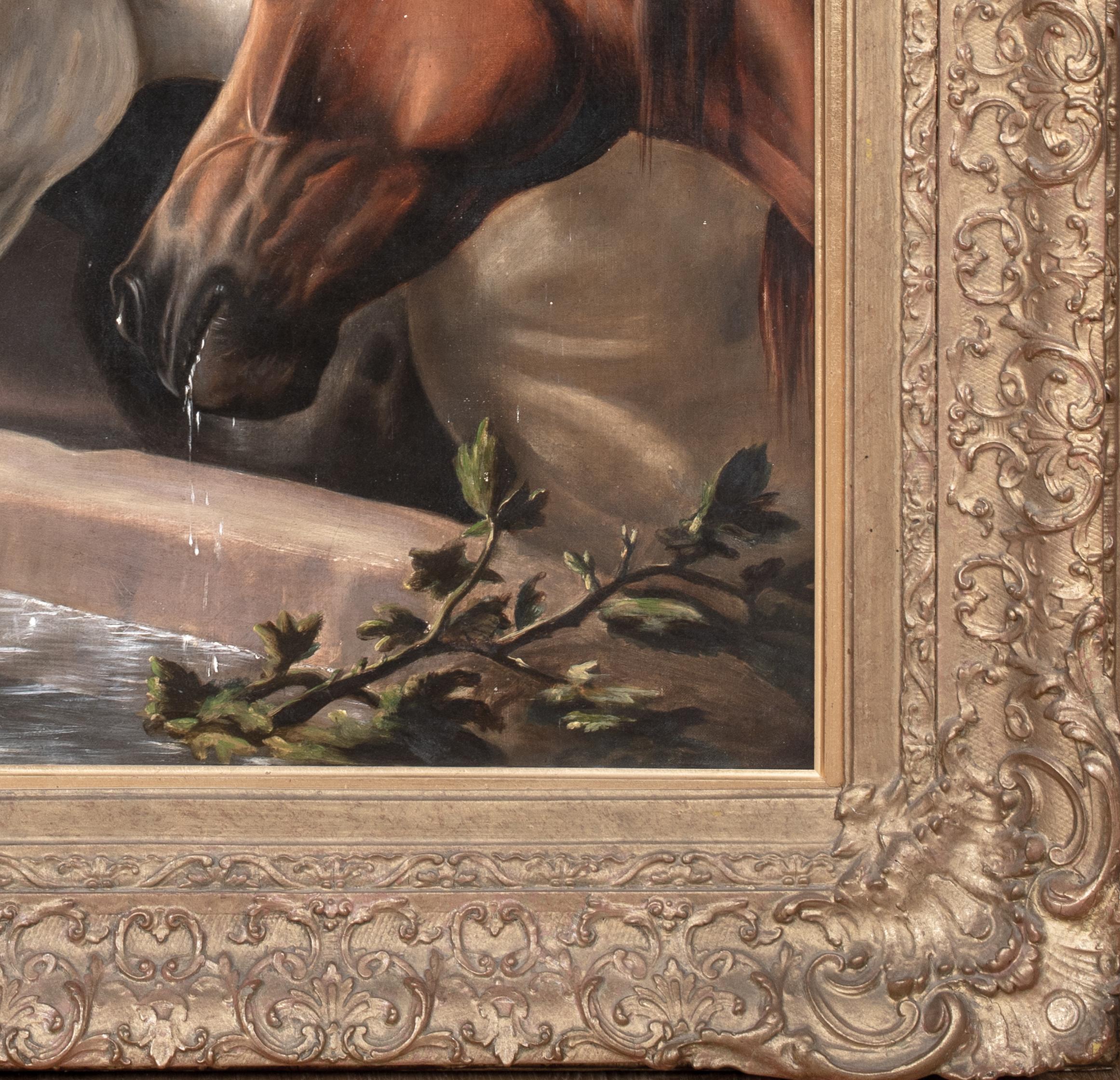 Tre cavalli che si abbeverano, XIX secolo

cerchio di John Frederick Herring

Grande scena inglese del XIX secolo con tre cavalli all'abbeveratoio, olio su tela. Una scena di grandi dimensioni del 1880 circa, versione del lavoro di Herrings, di