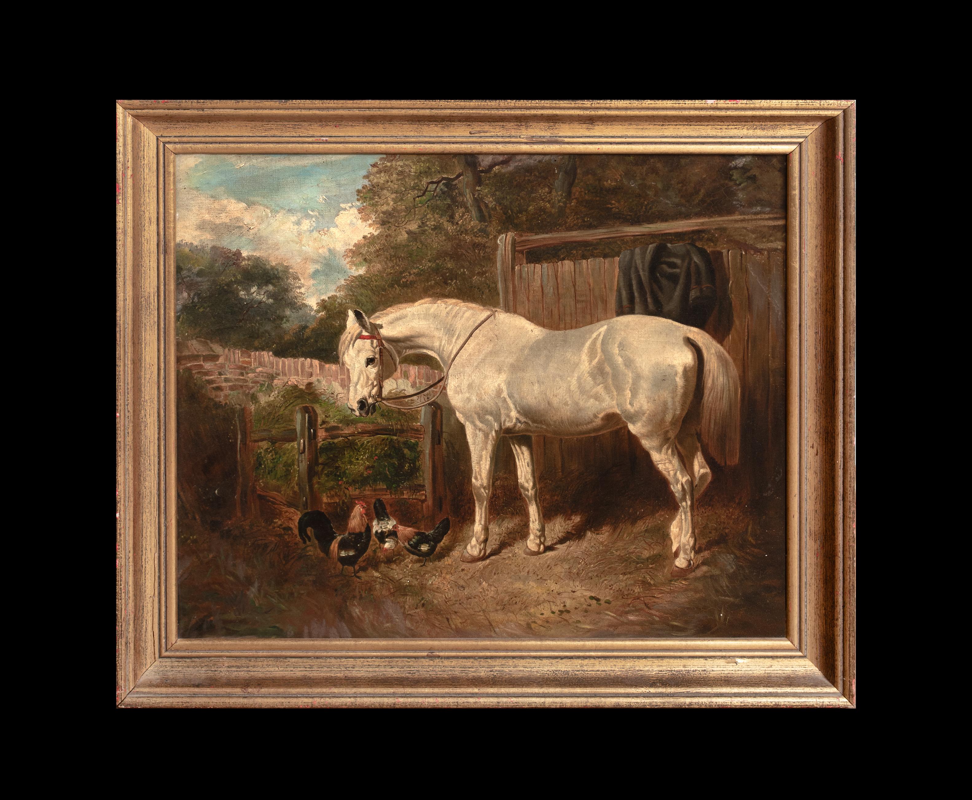 White Horse & Chickens In A Farmyard, 19th Century - Painting by John Frederick Herring Jr.
