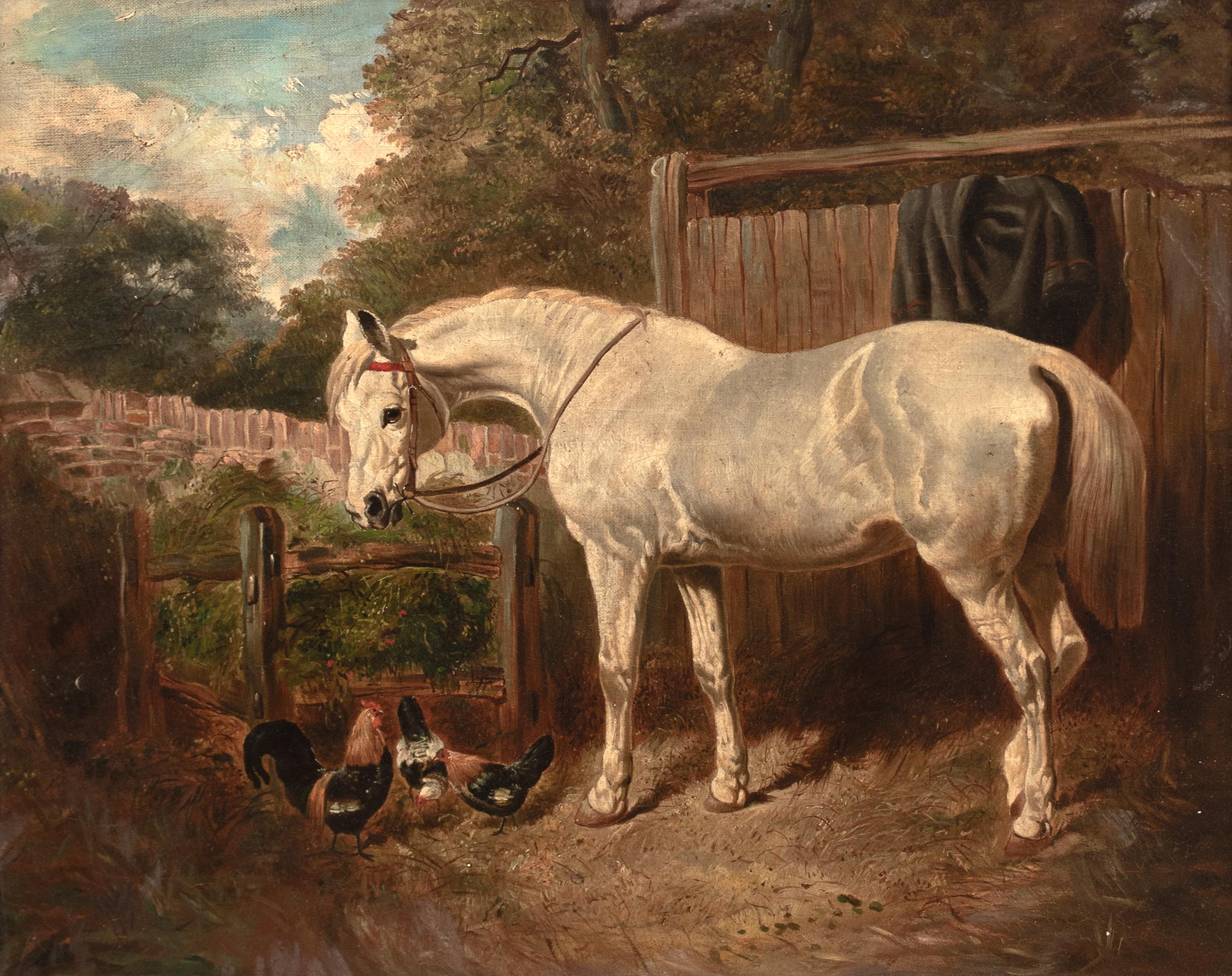 White Horse & Chickens In A Farmyard, 19th Century - Brown Animal Painting by John Frederick Herring Jr.