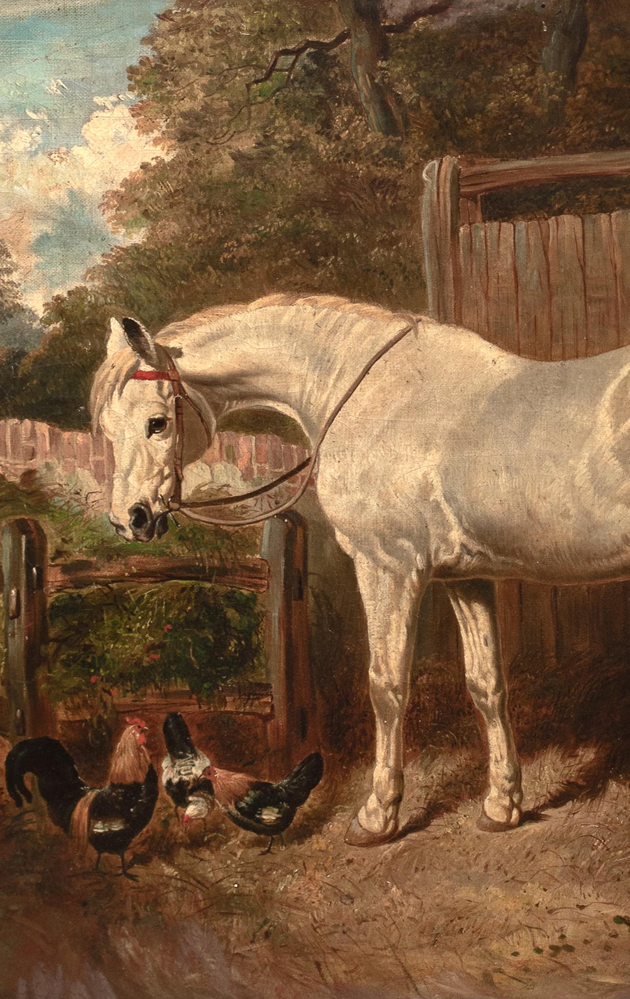 White Horse & Chickens In A Farmyard, 19th Century For Sale 3