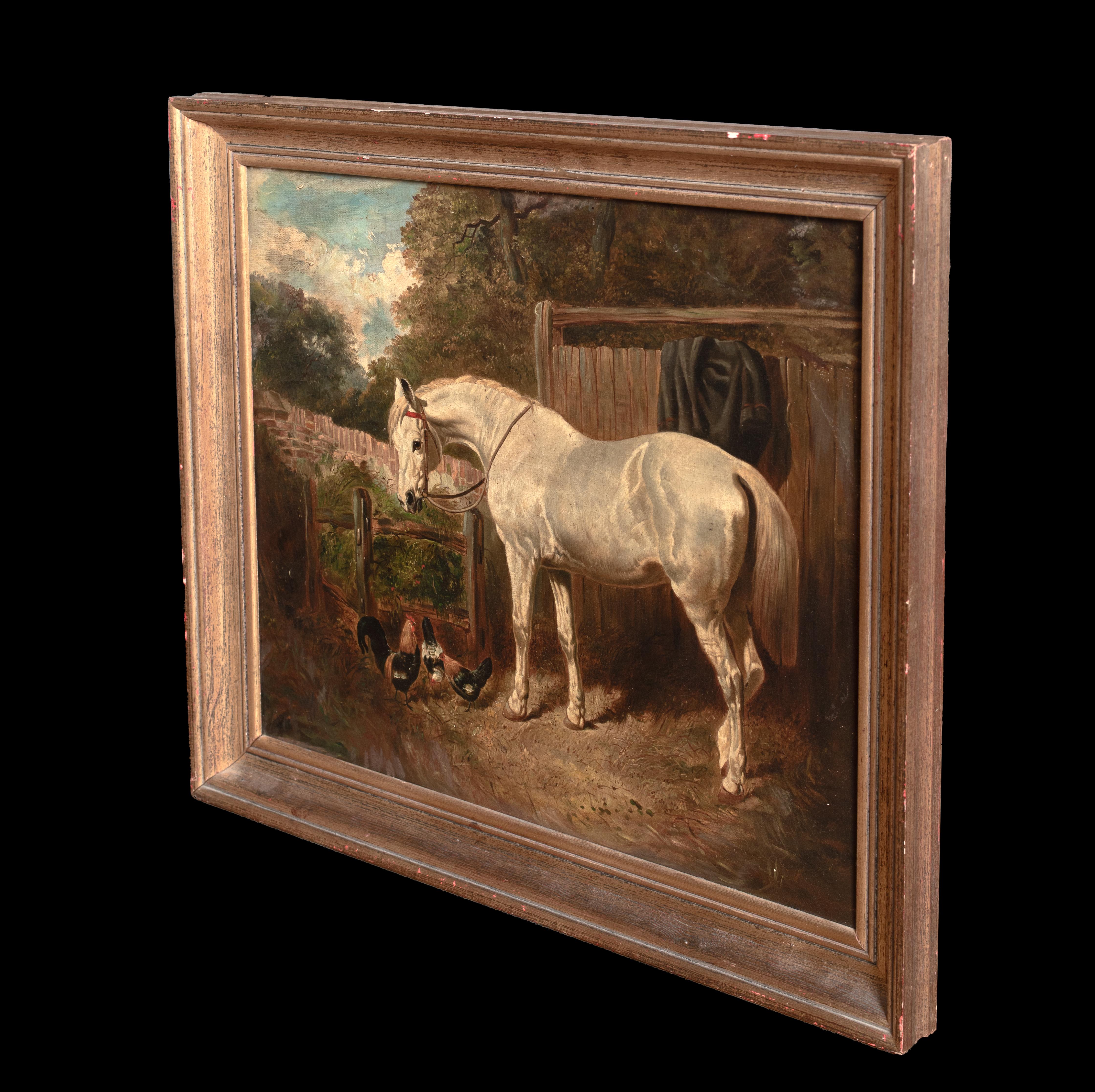 White Horse & Chickens In A Farmyard, 19th Century For Sale 4