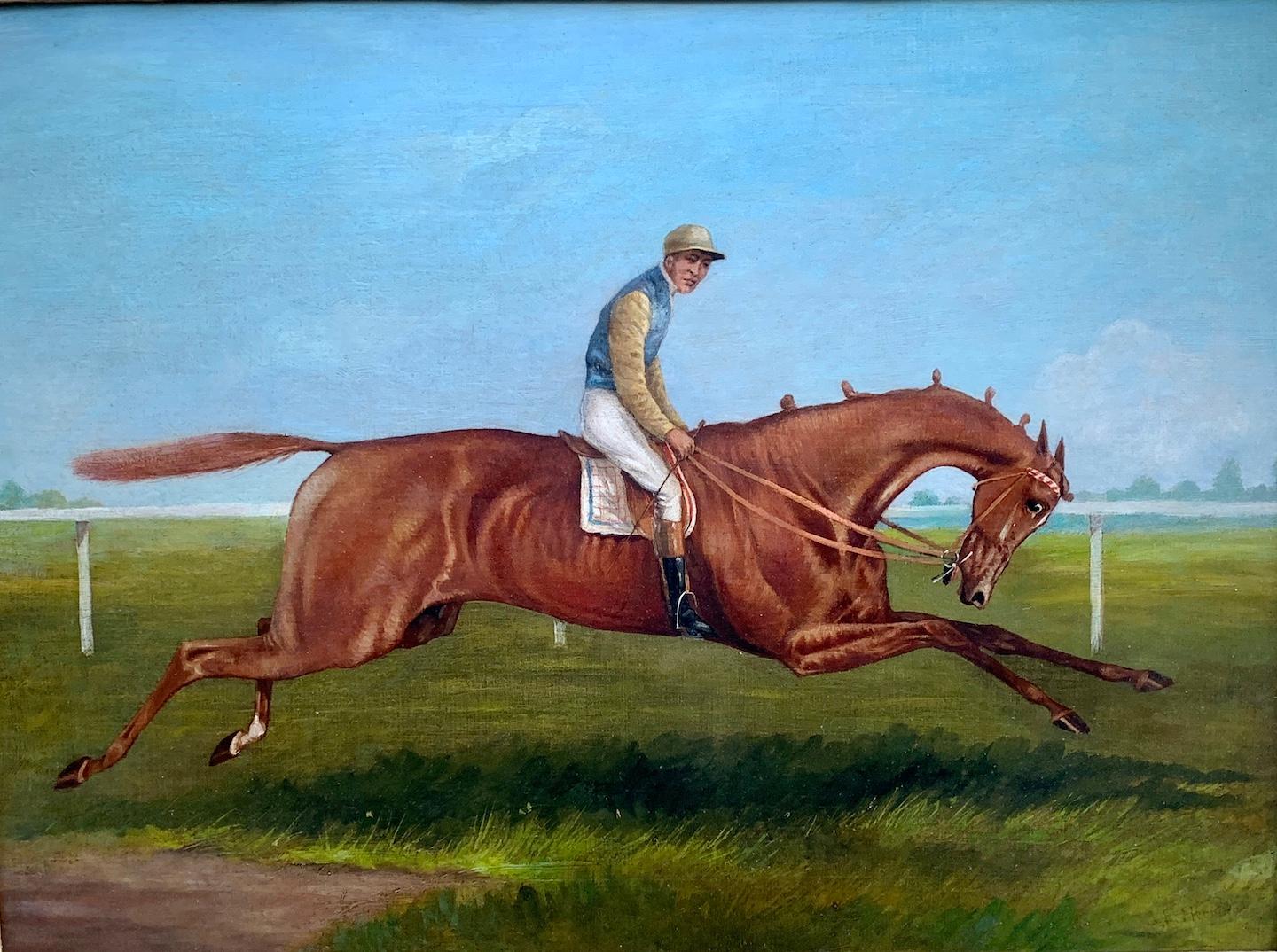  scène de course de chevaux ancienne anglaise du 19e siècle dans un paysage avec Jockey au sommet - Painting de John Frederick Herring Sr.