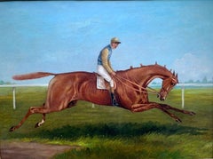 Antike englische Pferderennenszene aus dem 19. Jahrhundert in einer Landschaft mit Jockey up