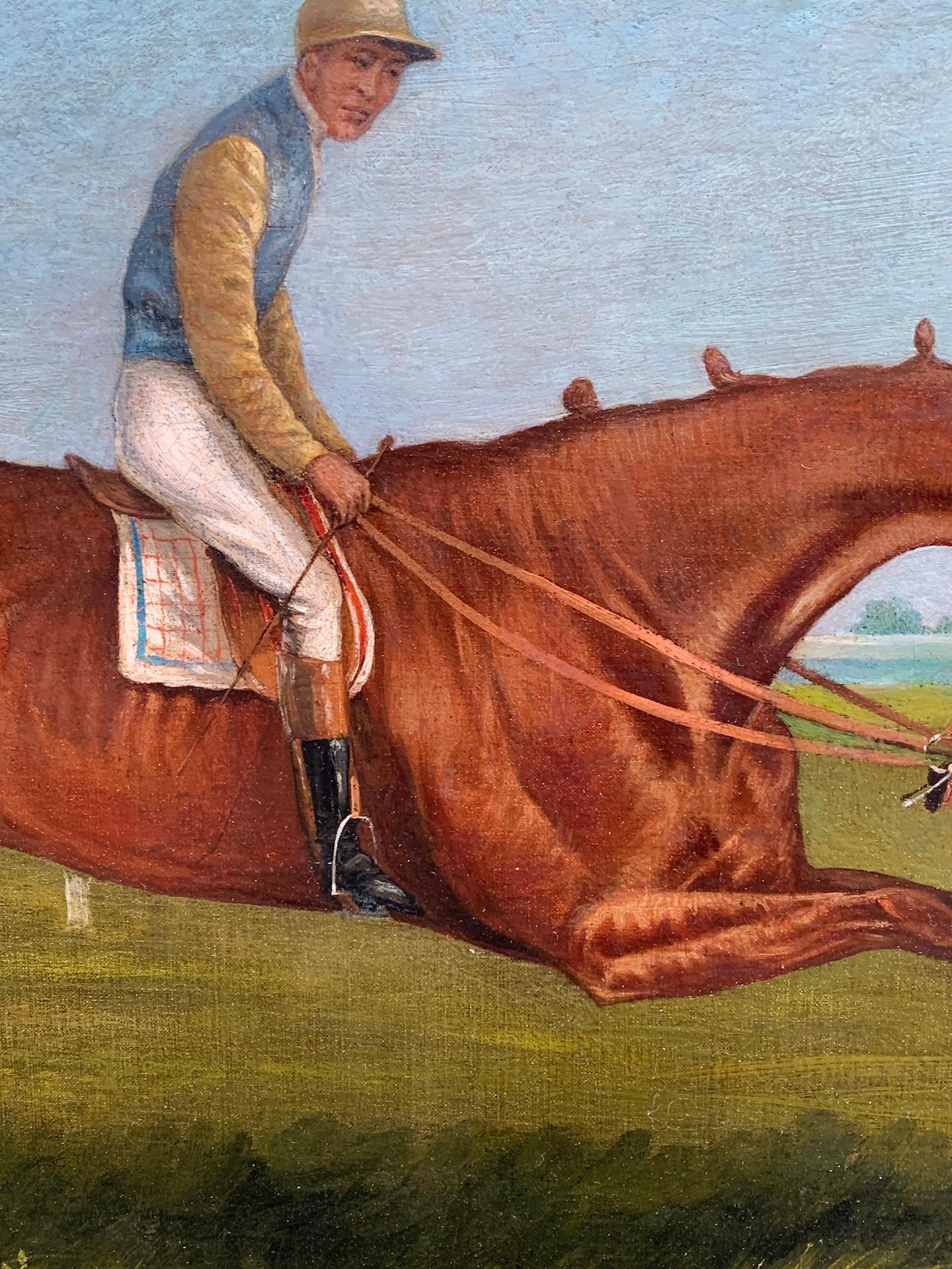  Antike englische Pferderennenszene aus dem 19. Jahrhundert in einer Landschaft mit Jockey up im Angebot 3