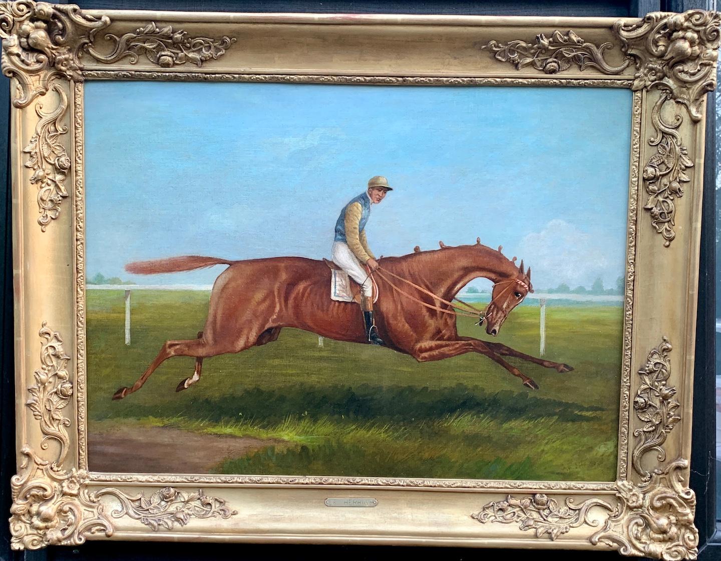 John Frederick Herring Sr. Animal Painting –  Antike englische Pferderennenszene aus dem 19. Jahrhundert in einer Landschaft mit Jockey up