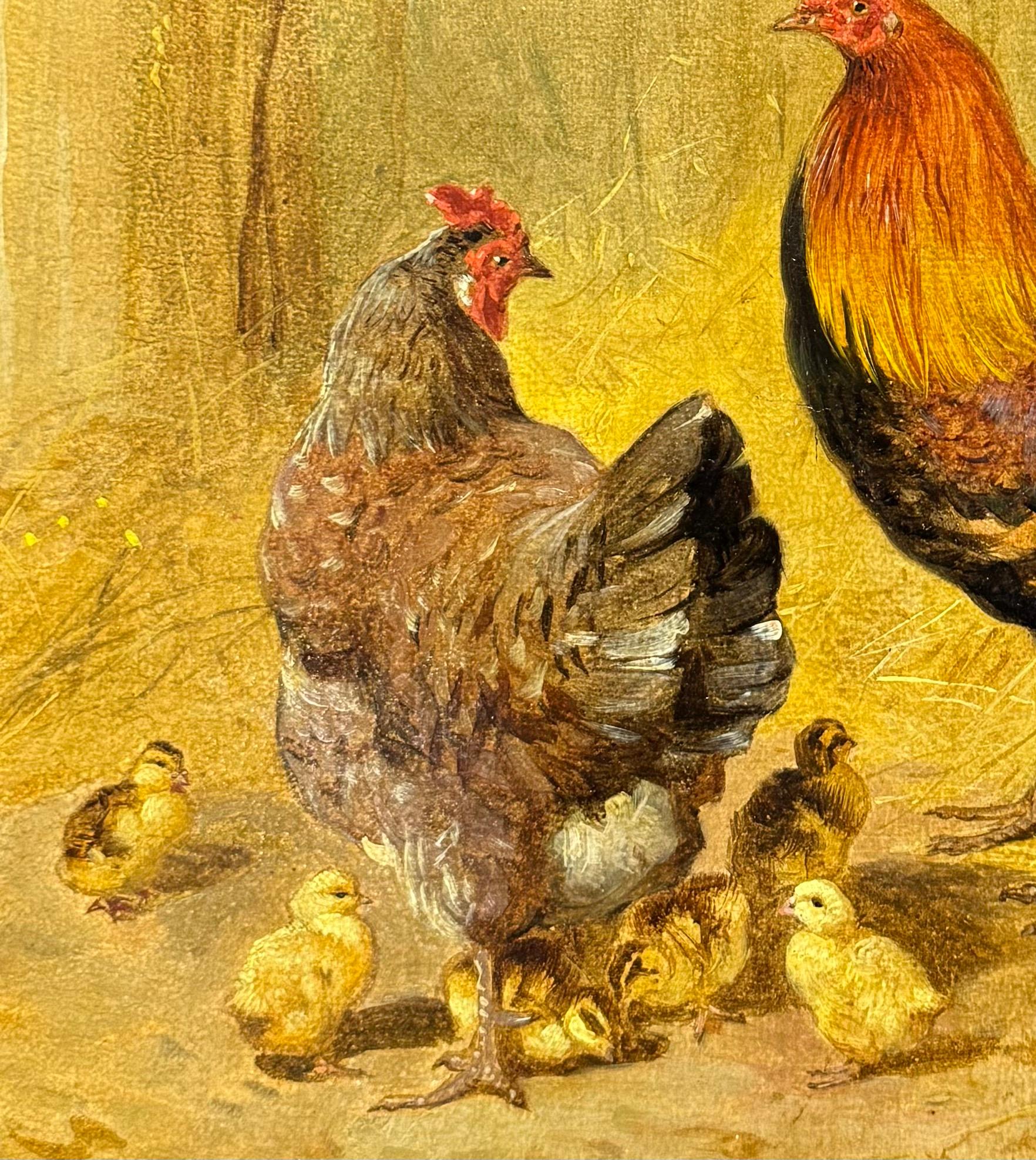 Un galletto rosso dal petto nero con gallina e pulcini - Painting Vittoriano di John Frederick Herring Sr.