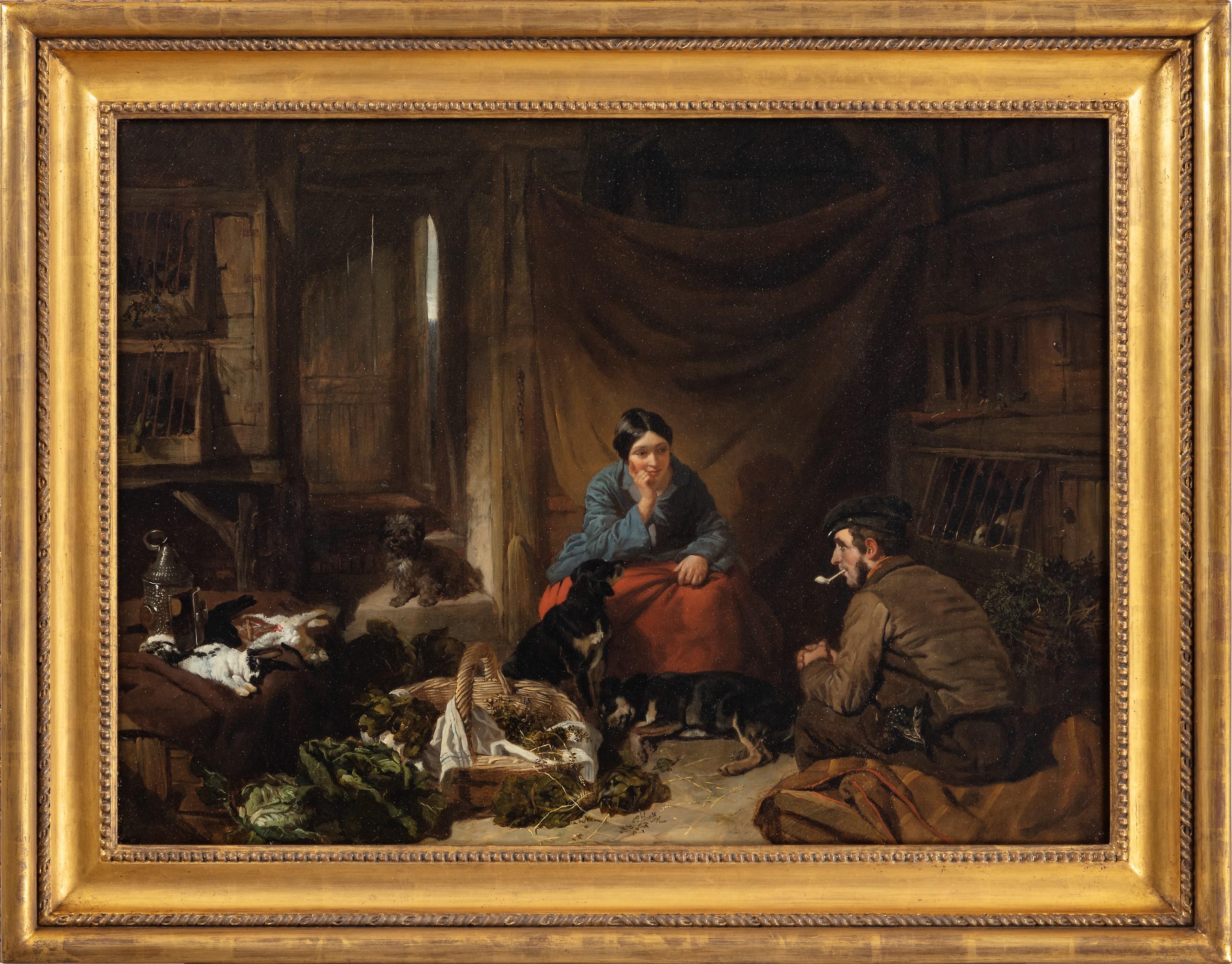 A Victorian cottage interior with figures talking, dogs resting...