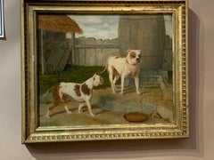 Antique 19th century English portrait two Bull Dogs in a yard.