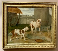 Antique 19th century English portrait two Bull Dogs in a yard.