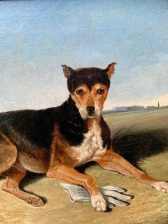 Antique 19th century portrait of a seated dog Pepper, in a landscape