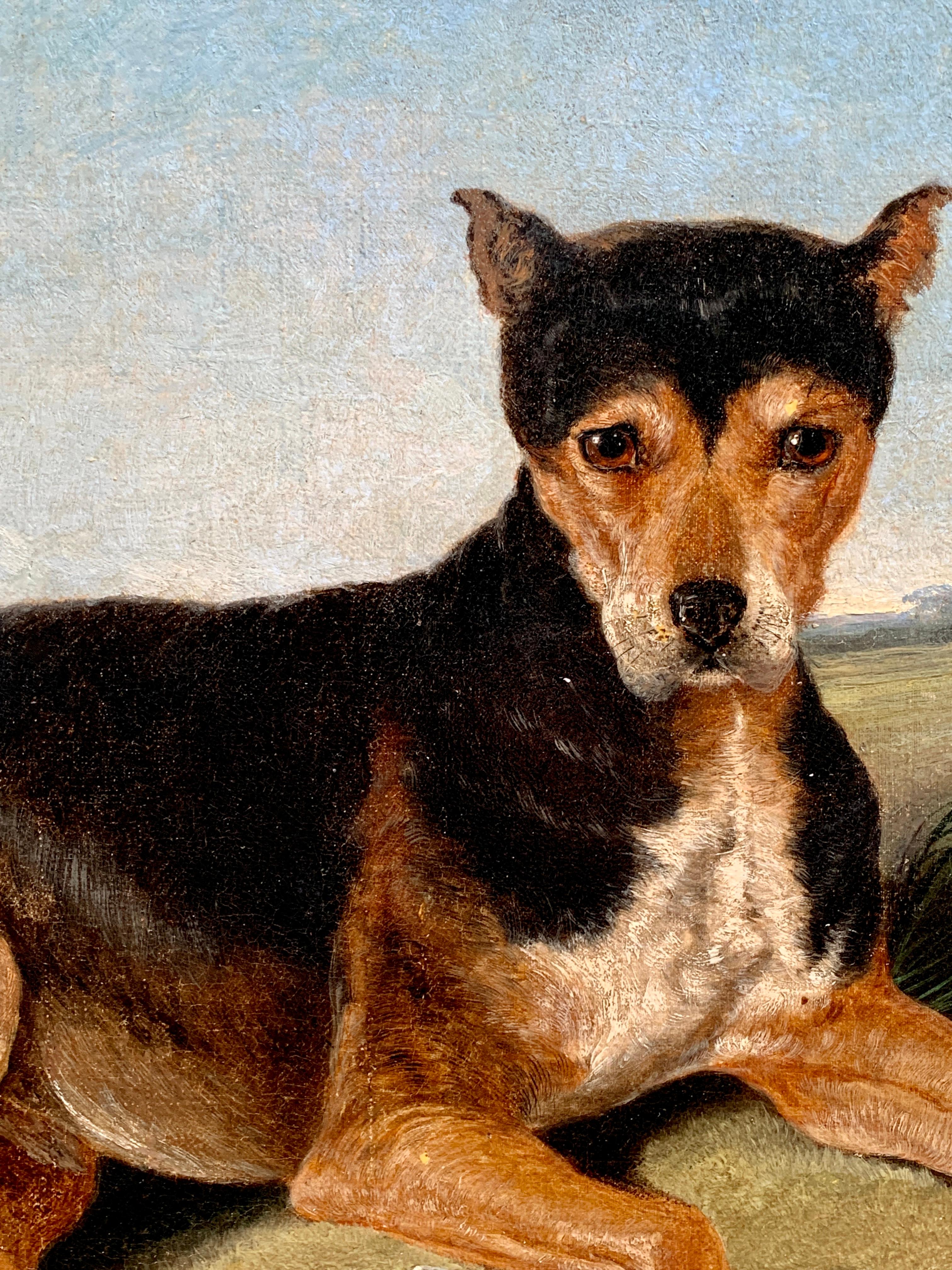 Antique 19th century portrait of a seated dog Pepper, in a landscape - Victorian Painting by John Frederick Herring Sr.