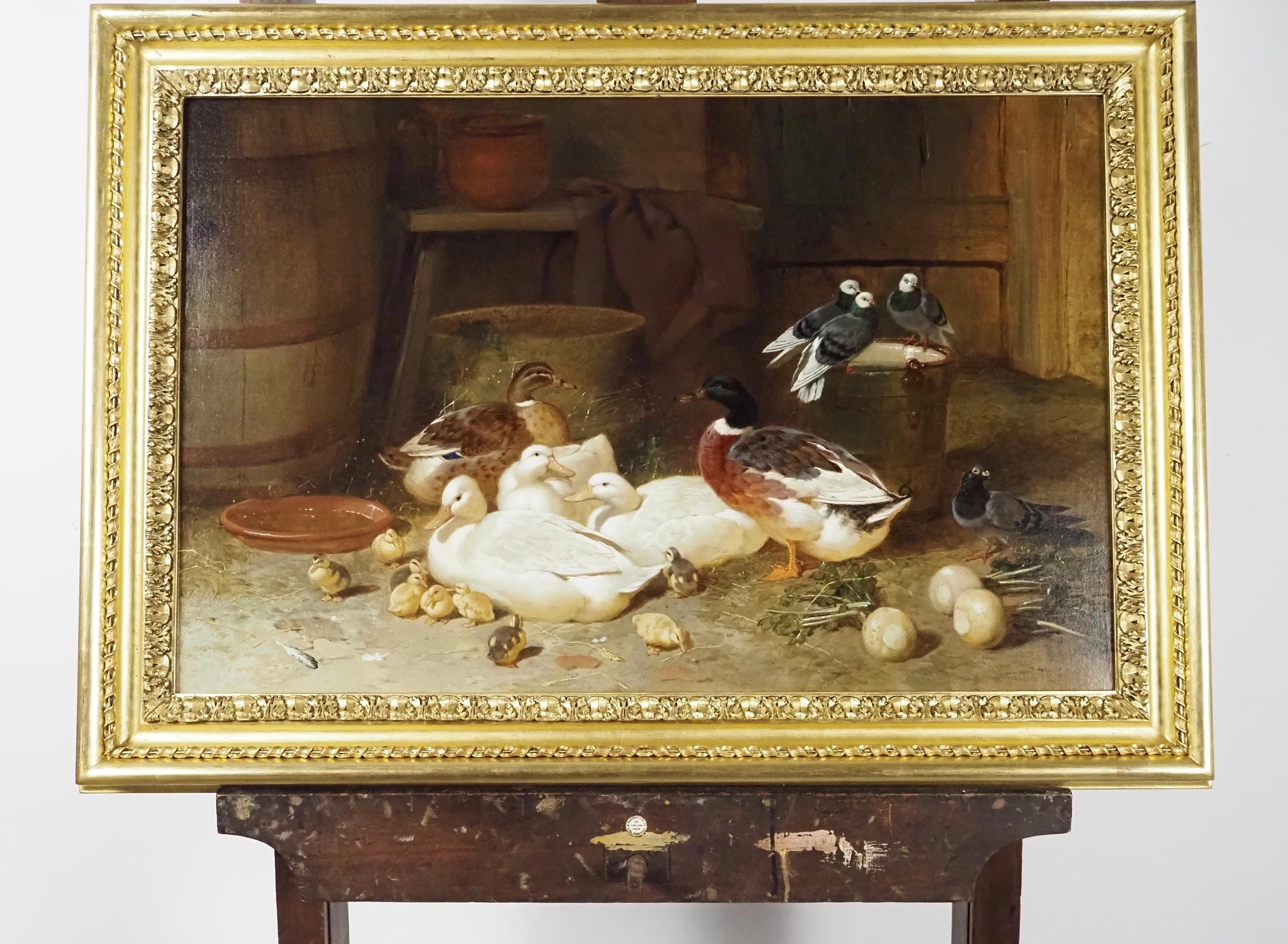 Ducks and Pigeons in a Barn Interior - Painting by John Frederick Herring Sr.