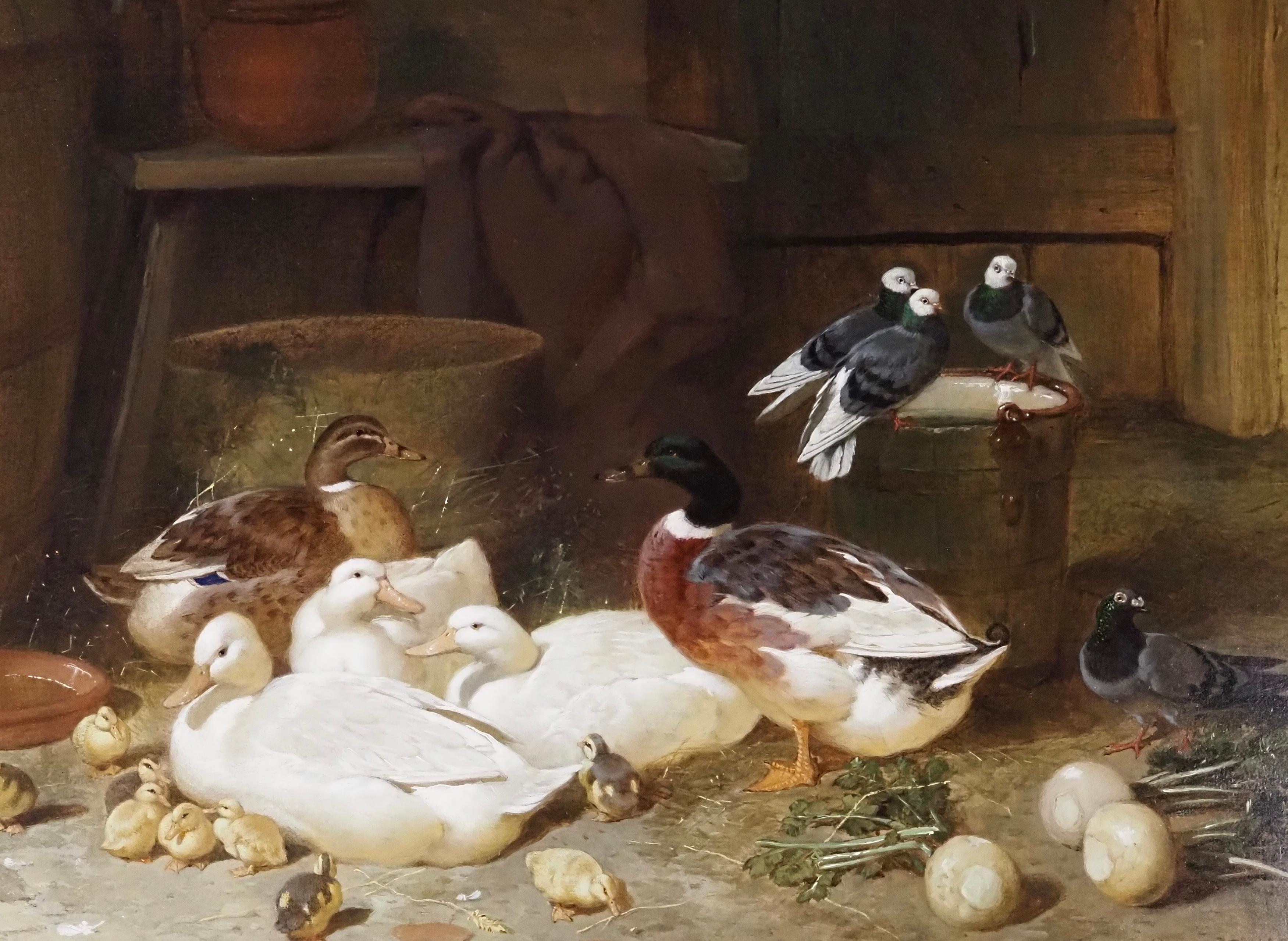 John Frederick Herring Snr (Surrey 1795-1863 Kent)
Ducks and Pigeons in a Barn Interior
Signed and dated 1858
Oil on canvas
Painting size 18 1/2 x 28 1/2 in
Framed size 24 x 33 1/2 in

John Frederick Herring Sr. was born on September 12, 1795, in