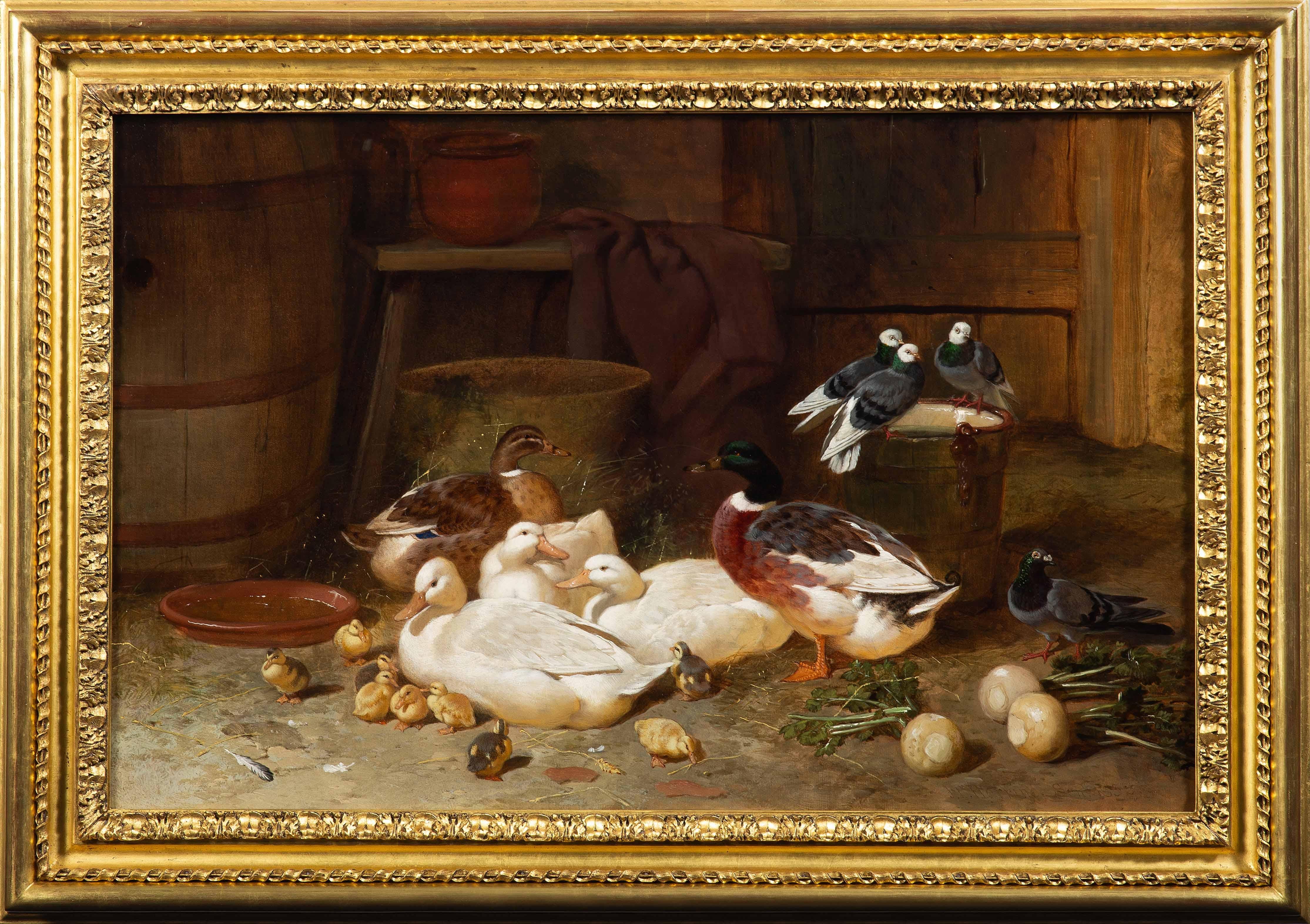 John Frederick Herring Sr. Animal Painting - Ducks and Pigeons in a Barn Interior