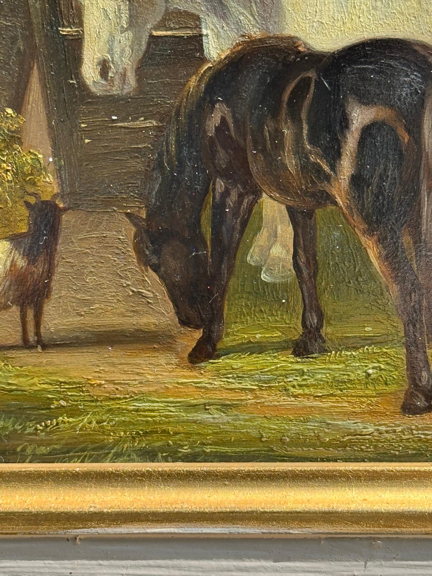 Englisch 19. Jahrhundert Englischer Bauernhof  mit Shire Clydesdale Pferden in einer Landschaft (Beige), Animal Painting, von John Frederick Herring Sr.