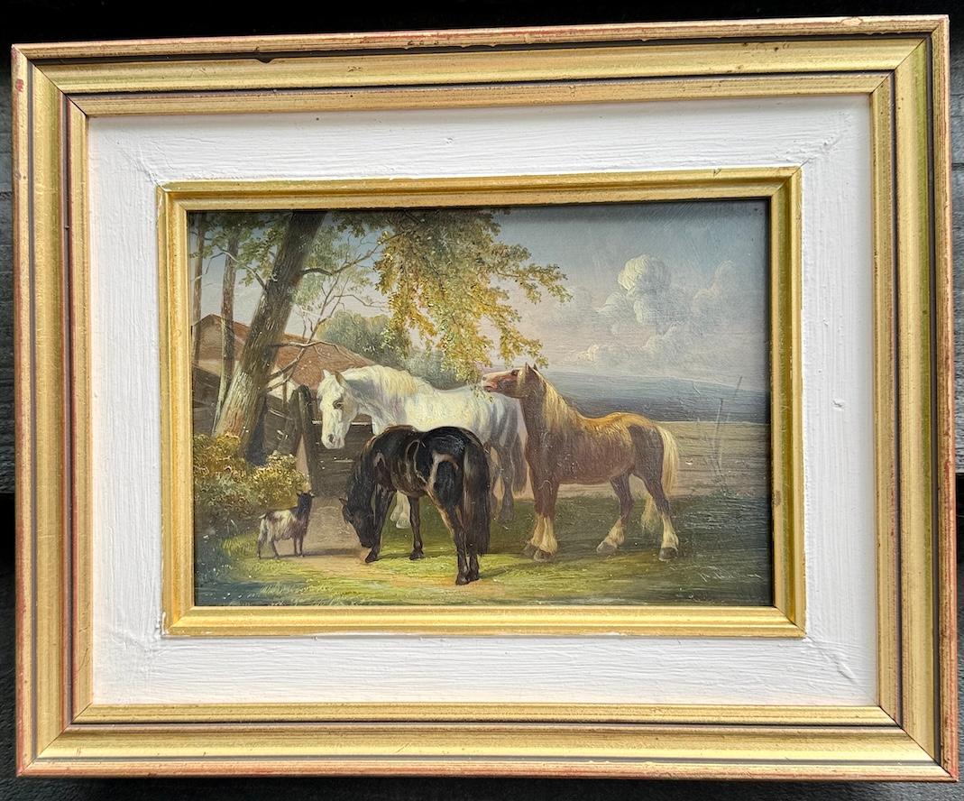 John Frederick Herring Sr. Animal Painting – Englisch 19. Jahrhundert Englischer Bauernhof  mit Shire Clydesdale Pferden in einer Landschaft