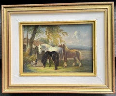 English 19th century English Farm  with shire Clydesdale horses in a landscape