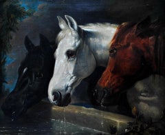 Horses at a Trough - Large 19th Century Oil on Canvas Antique Animal Painting