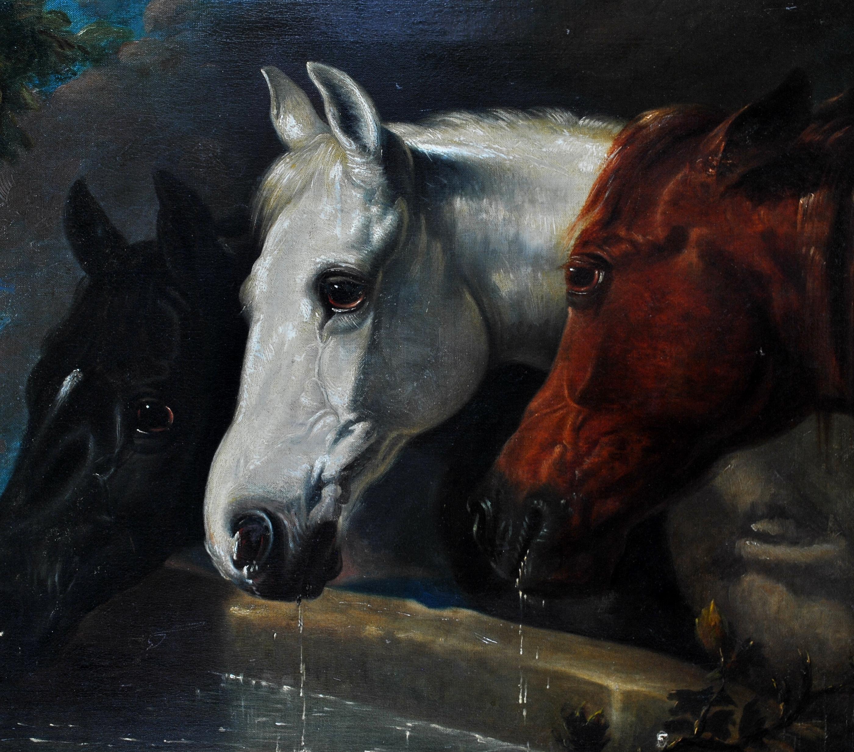 Peinture à l'huile sur toile ancienne du 19ème siècle - Chevaux au bord d'une broche - Réalisme Painting par John Frederick Herring Sr.