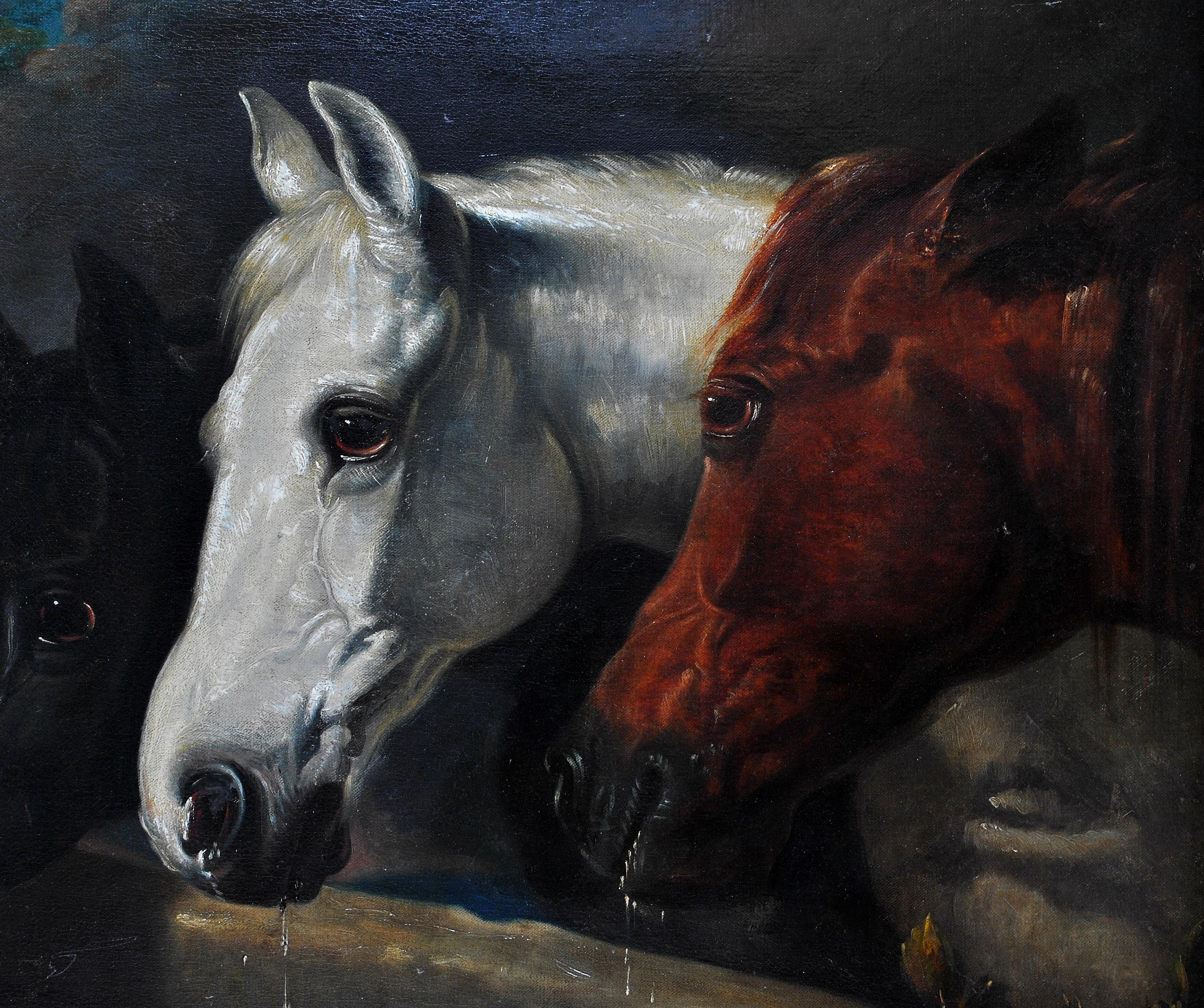 Belle et grande huile sur toile du milieu du XIXe siècle représentant trois chevaux à un abreuvoir, cercle de John Frederick Herring Snr.  Excellente qualité et très bon état de conservation de l'étude des trois chevaux s'abreuvant, présentée dans
